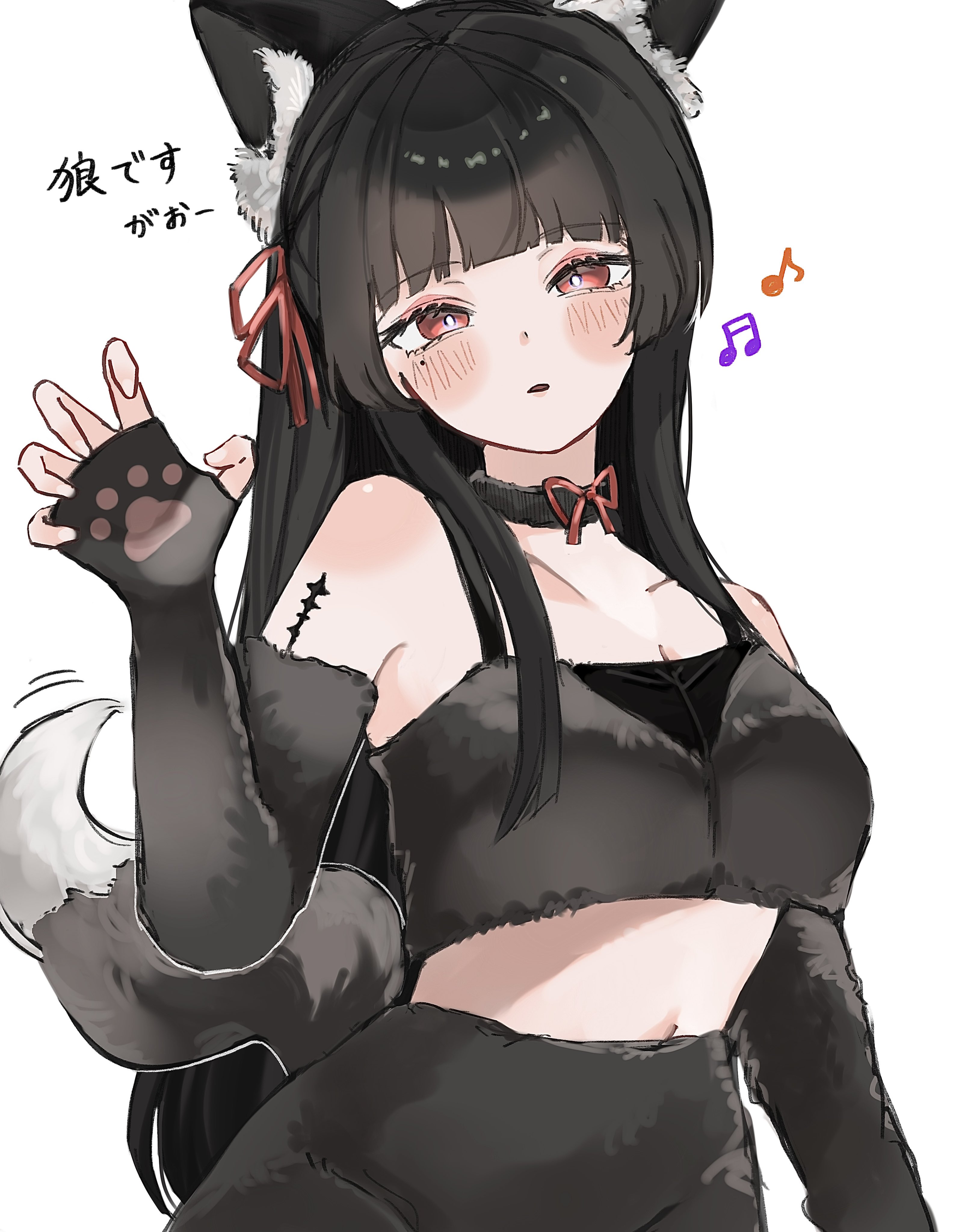1010 (wuthering1010), chisa (wuthering waves), wuthering waves, absurdres, commentary request, highres, translation request, 1girl, animal ears, black choker, black hair, black pants, black shirt, blunt bangs, blush, breasts, choker, claw pose, cleavage, collarbone, cowboy shot, crop top, elbow gloves, fake animal ears, fingerless gloves, fox ears, fox tail, gloves, hair ribbon, high-waist pants, long hair, looking at viewer, medium breasts, musical note, pants, parted lips, red eyes, red ribbon, ribbon, shirt, simple background, solo, tacet mark (wuthering waves), tail, white background