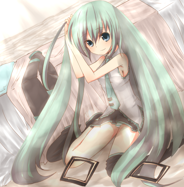 monako, hatsune miku, vocaloid, bad id, bad pixiv id, 1girl, adjusting hair, aqua hair, armpits, blue eyes, breasts, detached sleeves, female focus, indoors, long hair, necktie, panties, sideboob, small breasts, solo, striped clothes, striped panties, thighhighs, underwear, upskirt, very long hair