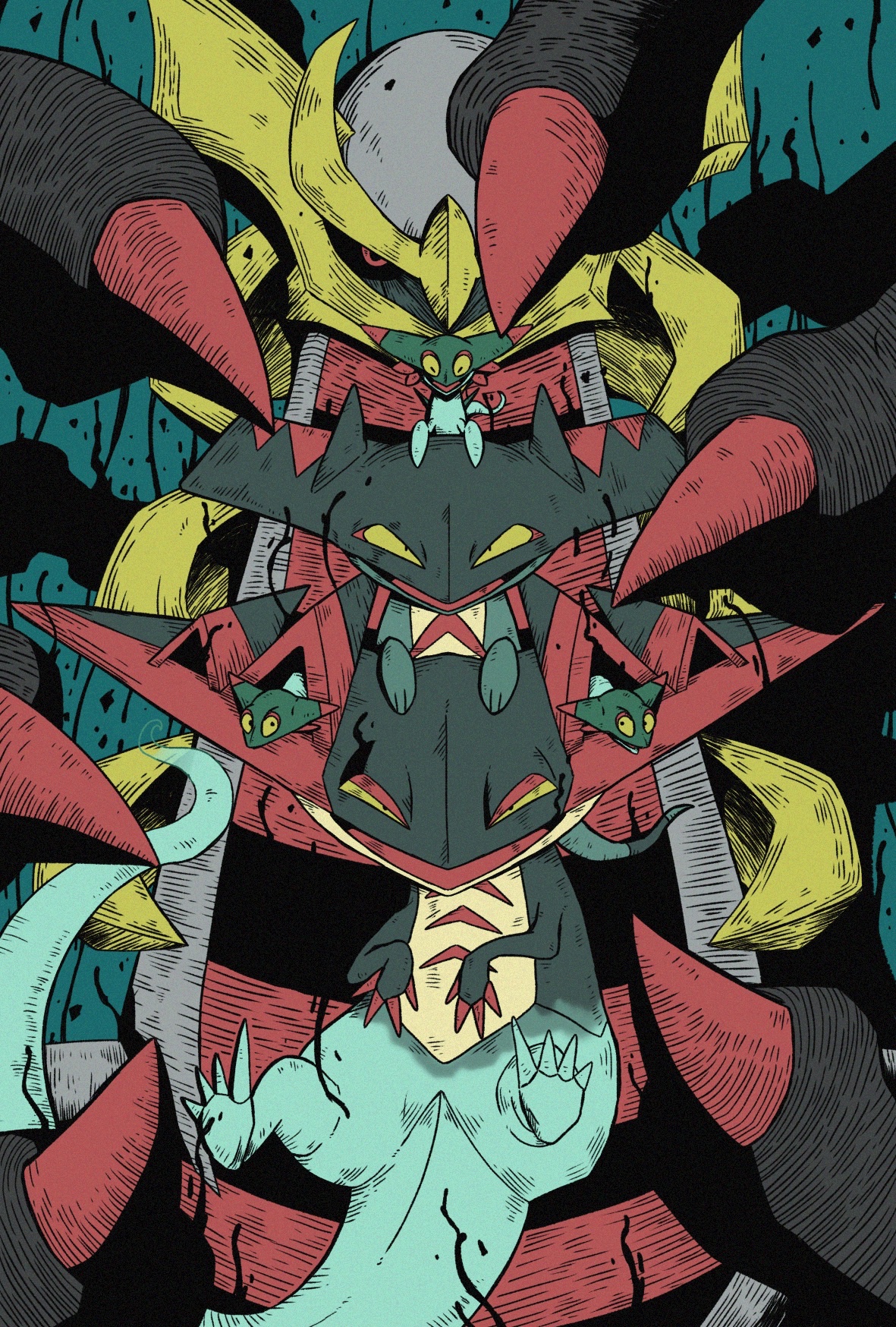 onigiri debu, dragapult, drakloak, dreepy, giratina, giratina (origin), nintendo, pokemon, highres, alternate form, aqua skin, black sclera, black skin, chevron (symbol), colored sclera, colored skin, demon, distortion world, dot pupils, dragon, evolutionary line, eyeliner, gen 4 pokemon, gen 8 pokemon, gold trim, gradient skin, green skin, grey skin, legendary pokemon, long tail, makeup, no humans, on head, pokemon (creature), pokemon focus, pokemon on head, red claws, red eyeliner, red eyes, slit pupils, spikes, tail, wings, yellow sclera