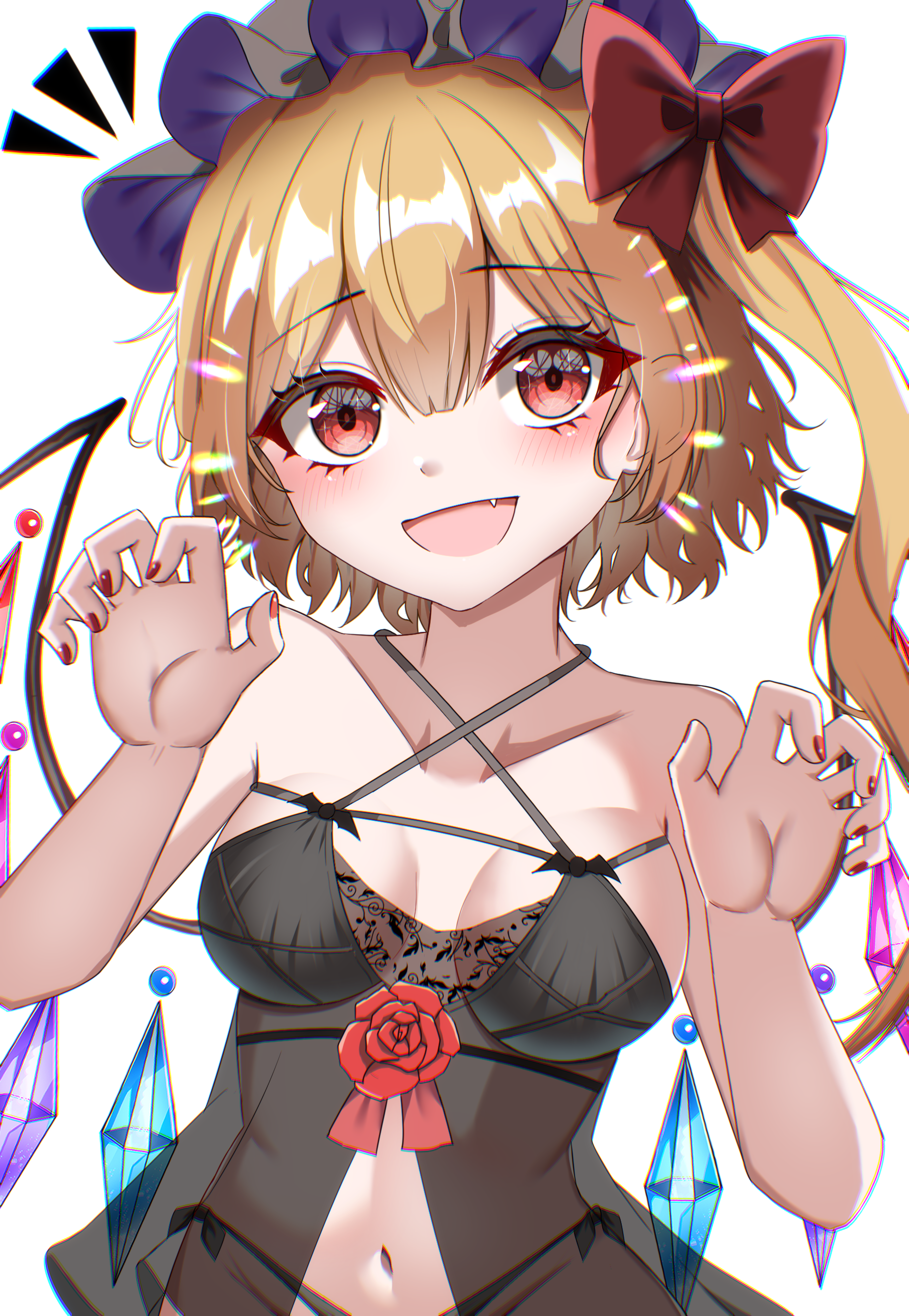 kiui (dagk8254), flandre scarlet, touhou, absurdres, highres, 1girl, babydoll, bare arms, bare shoulders, blonde hair, blush, bow, breasts, collarbone, crystal, crystal wings, fang, hair between eyes, hands up, hat, jewelry, looking at viewer, midriff, mob cap, nail polish, navel, open mouth, paw pose, red bow, red eyes, red nails, ribbon, short hair, side ponytail, simple background, smile, solo, upper body, white background, wings