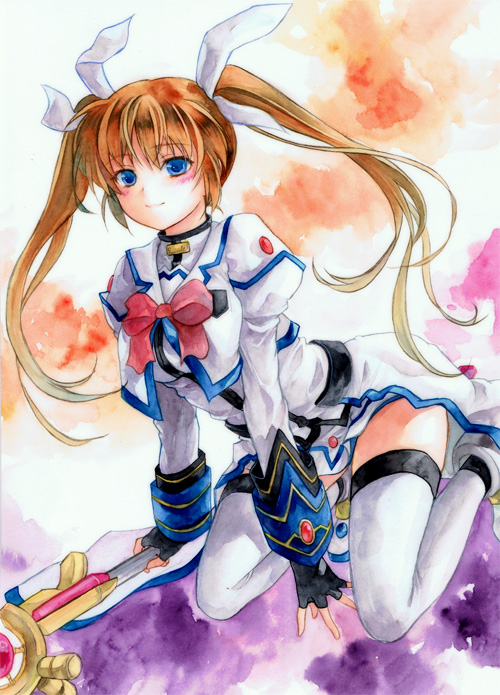 geroro, raising heart, raising heart (accel mode), takamachi nanoha, takamachi nanoha (aggressor mode), lyrical nanoha, mahou shoujo lyrical nanoha, mahou shoujo lyrical nanoha strikers, bad id, bad pixiv id, 00s, blue eyes, blush, brown hair, fingerless gloves, gloves, hair ribbon, kneeling, long hair, ribbon, smile, solo, staff, thighhighs, twintails, white thighhighs, zettai ryouiki
