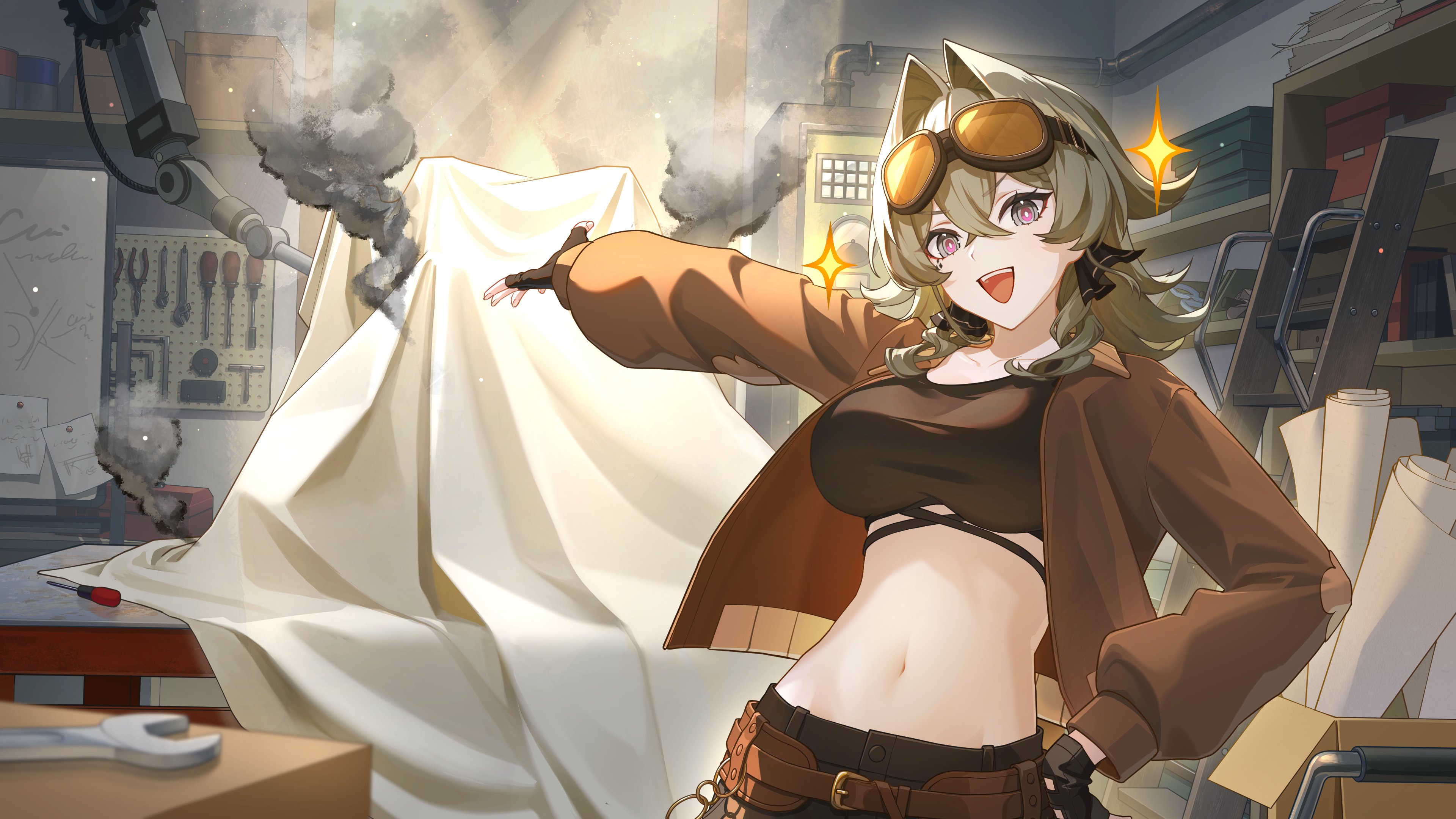 bibi (obb spl), vill-v, honkai (series), honkai impact 3rd, absurdres, commentary request, highres, official art, 1girl, black gloves, black tube top, blanket, breasts, brown hair, brown jacket, fingerless gloves, gloves, goggles, goggles on head, grey hair, hair intakes, indoors, jacket, ladder, large breasts, medium hair, midriff, navel, smoke, solo, strapless, tube top, wrench