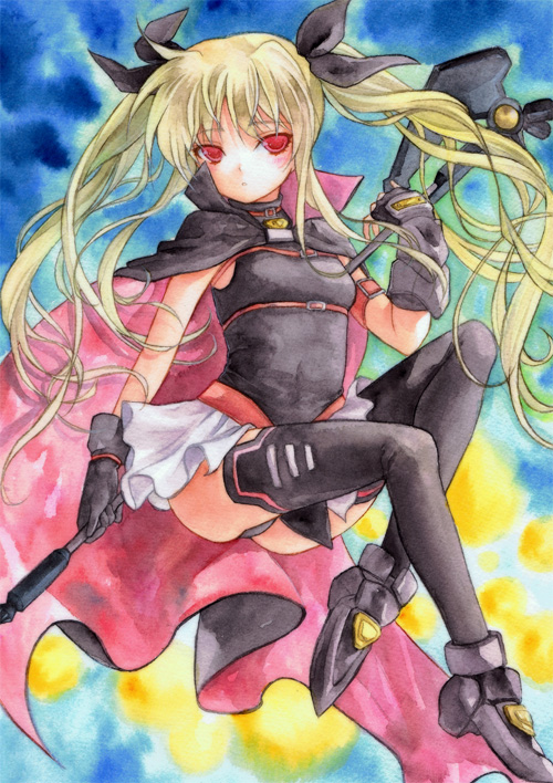 geroro, bardiche (assault form) (nanoha), bardiche (nanoha), fate testarossa, fate testarossa (lightning form), lyrical nanoha, mahou shoujo lyrical nanoha, bad id, bad pixiv id, painting (medium), traditional media, watercolor (medium), 00s, 1girl, blonde hair, blush, cape, female focus, gloves, legs, loli, long hair, red eyes, skirt, solo, staff, thighhighs, twintails