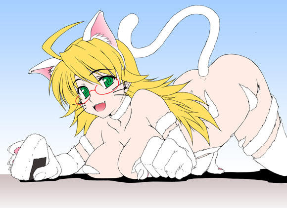rikumoto yoshiyuki, felicia (darkstalkers), hoshii miki, capcom, darkstalkers, idolmaster, idolmaster (classic), fur, 1girl, animal ear fluff, animal ears, animal hands, antenna hair, arched back, ass, bare shoulders, blonde hair, boots, breast press, breasts, cat ears, cat tail, choker, cleavage, collar, cosplay, elbow gloves, fang, felicia (darkstalkers) (cosplay), female focus, food, glasses, gloves, green eyes, large breasts, long hair, onigiri, rice, solo, tail, thighhighs, top-down bottom-up, whiskers