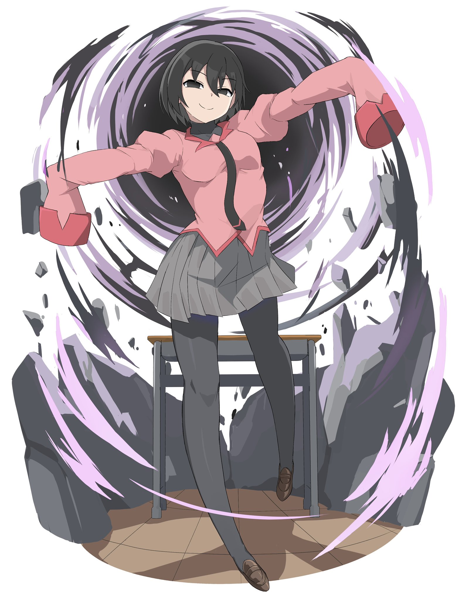 onabe915, oshino ougi, monogatari (series), check copyright, commentary request, copyright request, highres, 1girl, black eyes, black necktie, black pantyhose, bob cut, brown shoes, closed mouth, collared shirt, desk, empty eyes, full body, grey skirt, looking at viewer, magic, miniskirt, naoetsu high school uniform, necktie, pantyhose, pink shirt, pleated skirt, school desk, school uniform, shirt, shoes, short hair, simple background, skirt, sleeves past fingers, sleeves past wrists, smile, solo, standing, standing on one leg, tile floor, tiles, white background