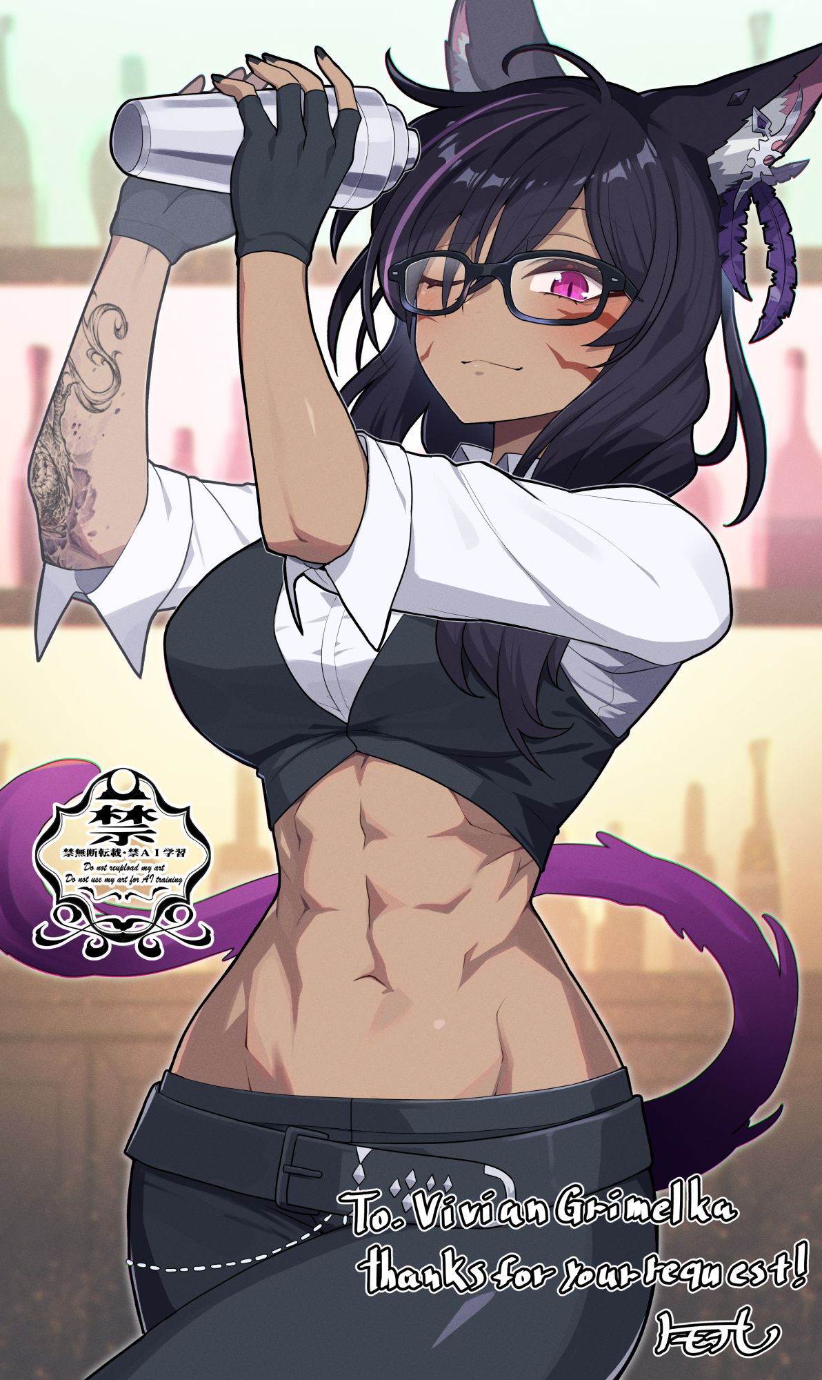matsumoto tomoyohi, vivian grimelka (siverstorm), warrior of light (ff14), final fantasy, final fantasy xiv, original, bilingual commentary, commentary, commission, english commentary, highres, mixed-language commentary, skeb commission, 1girl, abs, animal ear fluff, animal ears, arm tattoo, bartender, black gloves, black hair, black pants, black vest, breasts, cat ears, cat girl, cat tail, closed mouth, cocktail shaker, cowboy shot, cropped shirt, cropped vest, dark-skinned female, dark skin, facial mark, fingerless gloves, glasses, gloves, holding cocktail shaker, large breasts, long hair, looking at viewer, miqo'te, multicolored hair, one eye closed, pants, parted bangs, purple eyes, purple streaks, purple tail, shirt, short hair, slit pupils, smile, solo, stomach, streaked hair, tail, tattoo, toned, toned female, vest, whisker markings, white shirt