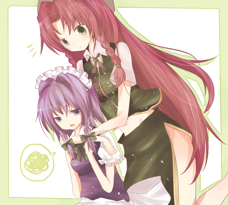 monako, hong meiling, izayoi sakuya, embodiment of scarlet devil, touhou, bad id, bad pixiv id, 2girls, braid, female focus, maid headdress, multiple girls, twin braids