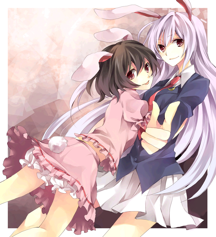 karu, yuzuki karu, inaba tewi, reisen udongein inaba, touhou, bad id, bad pixiv id, 2girls, :p, animal ears, bloomers, brown hair, female focus, long hair, multiple girls, purple hair, rabbit ears, rabbit girl, rabbit tail, red eyes, short hair, tail, tongue, tongue out, underwear