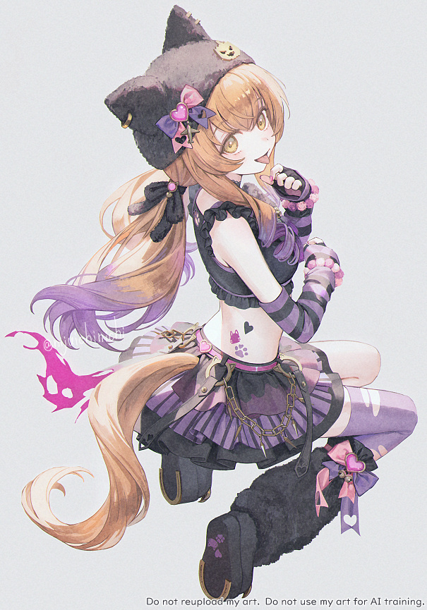 21 (nijuichinichi), mayano top gun (rockin' mewmeow) (umamusume), mayano top gun (umamusume), umamusume, commentary, 1girl, :p, animal ear headwear, animal ear piercing, animal ears, animal hat, back, bare shoulders, bead bracelet, beads, beanie, belt, black choker, black gloves, black hat, black leg warmers, black ribbon, black shoes, black skirt, bow, bracelet, brown tail, cat o-ring, cat tattoo, chain, choker, clothing cutout, colored tips, crop top, drill hair, drill sidelocks, fake animal ears, film grain, fingerless gloves, fingernails, frilled straps, from side, full body, fur hat, fur leg warmers, fur ribbon, gloves, grey background, hair ribbon, hat, hat bow, hat ornament, heart, heart belt buckle, heart hat ornament, heart tattoo, horse tail, horseshoe, jewelry, lace, lace choker, layered skirt, leg warmers, long hair, looking at viewer, looking back, low twintails, midriff, midriff tattoo, miniskirt, multicolored hair, nail polish, o-ring, o-ring belt, open mouth, orange hair, orange tail, paw cutout, paw print, paw print pattern, paw tattoo, pink belt, pink bow, pink nails, pleated skirt, pumpkin hat ornament, purple arm warmers, purple bow, purple hair, purple skirt, purple thighhighs, ribbon, shoe soles, shoes, sidelocks, sideways glance, simple background, single thighhigh, sitting, skirt, skirt set, smile, solo, striped arm warmers, striped clothes, striped skirt, tail, tail through clothes, tattoo, thighhighs, tongue, tongue out, torn clothes, torn thighhighs, twintails, twitter username, two-tone bow, vertical-striped clothes, vertical-striped skirt, wariza, watermark, yabi fashion, yellow eyes