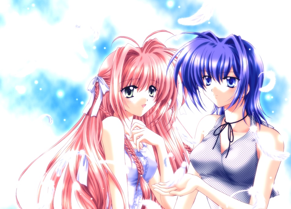 suruga kasune, hayase mitsuki, suzumiya haruka, kimi ga nozomu eien, 00s, blue eyes, blue hair, braid, feathers, green eyes, long hair, red hair, short hair, twin braids