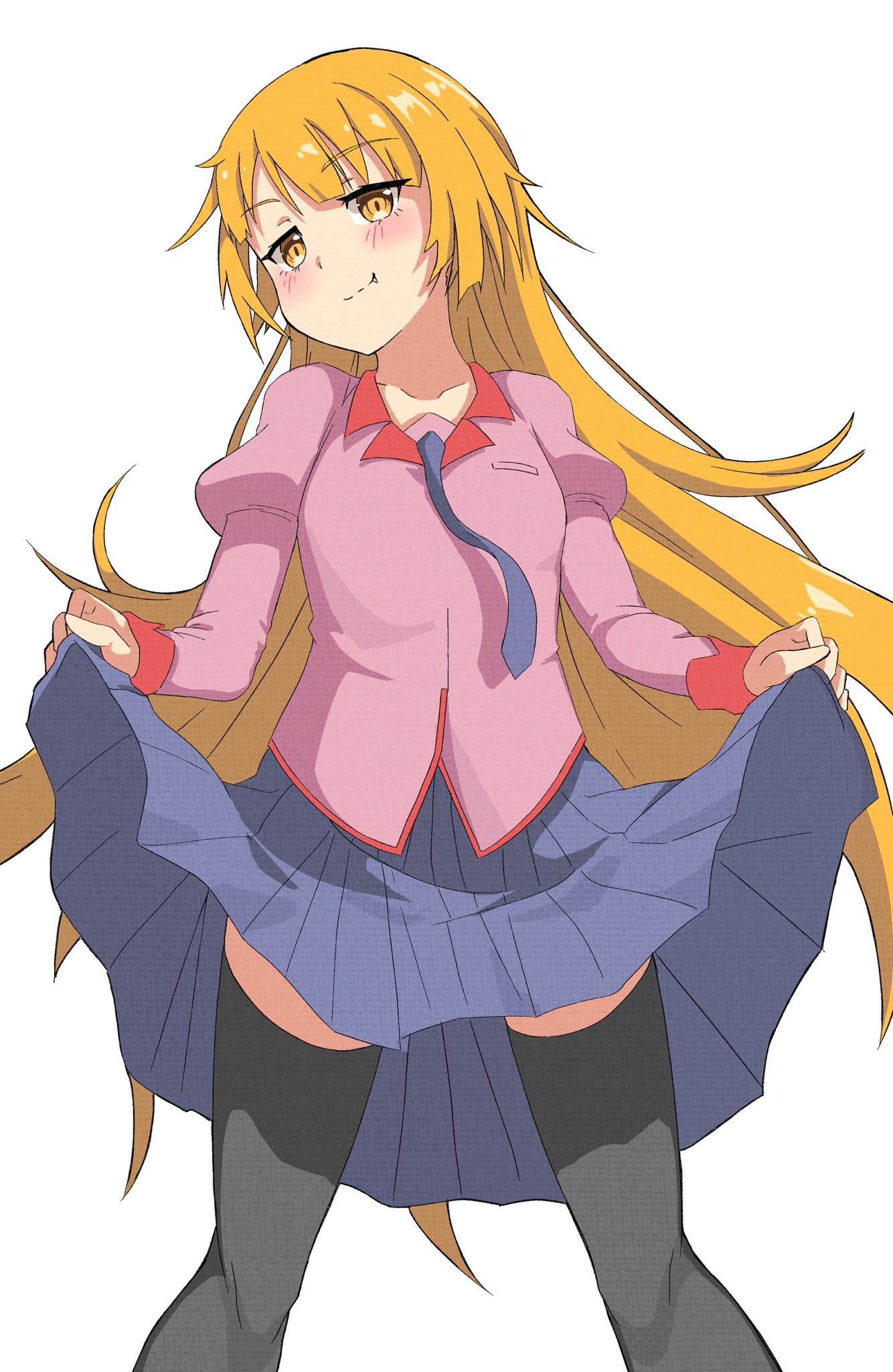 onabe915, oshino shinobu, senjougahara hitagi, monogatari (series), commentary request, highres, 1girl, black thighhighs, blonde hair, blue necktie, blue skirt, blush, borrowed clothes, closed mouth, clothes lift, collared shirt, cosplay, fang, juliet sleeves, legs apart, lifting own clothes, long hair, long sleeves, looking at viewer, naoetsu high school uniform, necktie, pink shirt, puffy sleeves, school uniform, senjougahara hitagi (cosplay), senjougahara hitagi skirt lift pose, shirt, simple background, skirt, skirt lift, smug, solo, standing, thighhighs, very long hair, white background, yellow eyes