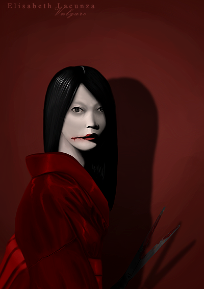 kuchisake-onna, japanese urban legends, black hair, blood, creepy, japanese clothes, kimono, long hair
