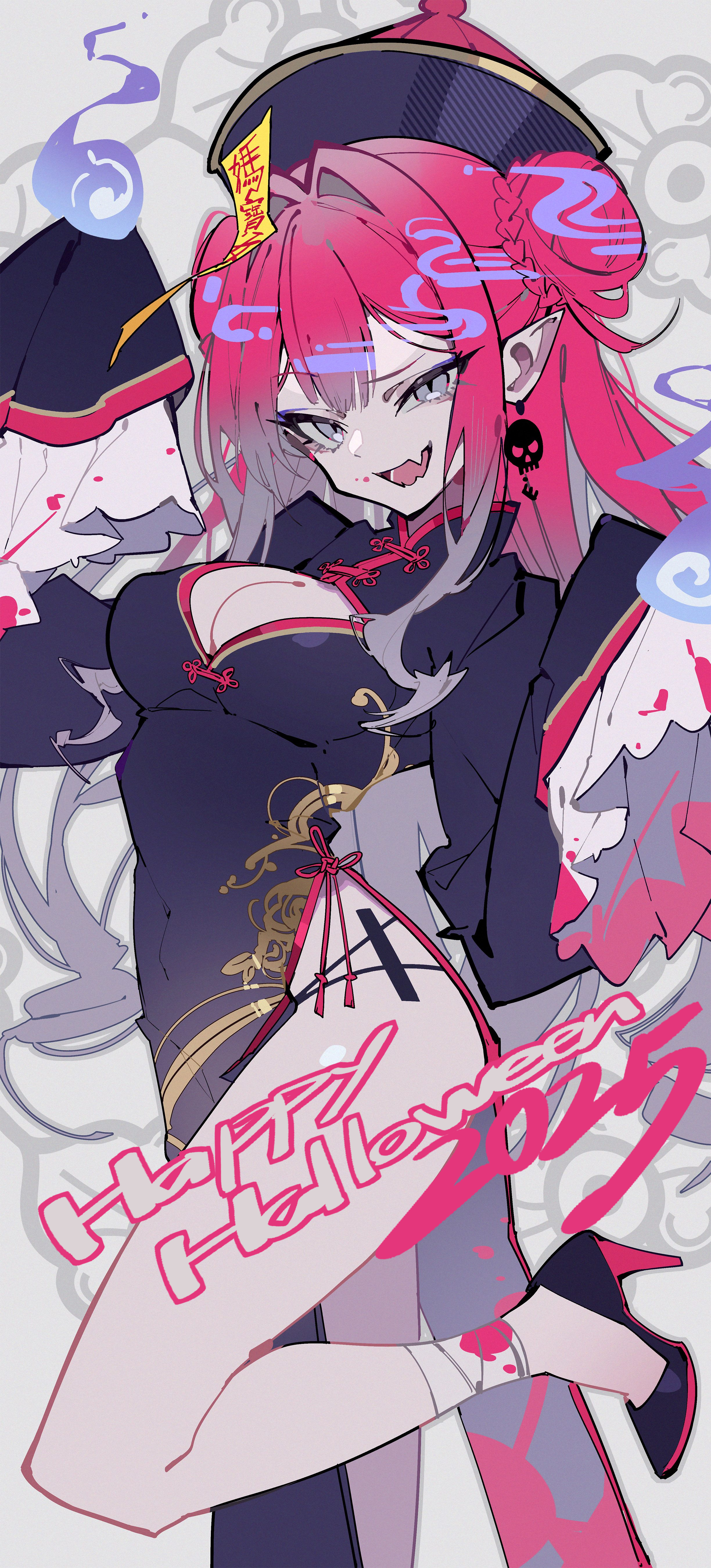 priest77, baobhan sith (fate), fate/grand order, fate (series), absurdres, highres, 1girl, breasts, china dress, chinese clothes, cleavage, dress, grey eyes, happy halloween, hat, jiangshi costume, large breasts, long hair, long sleeves, looking at viewer, ofuda, open mouth, pink hair, pointy ears, qingdai guanmao, smile, solo