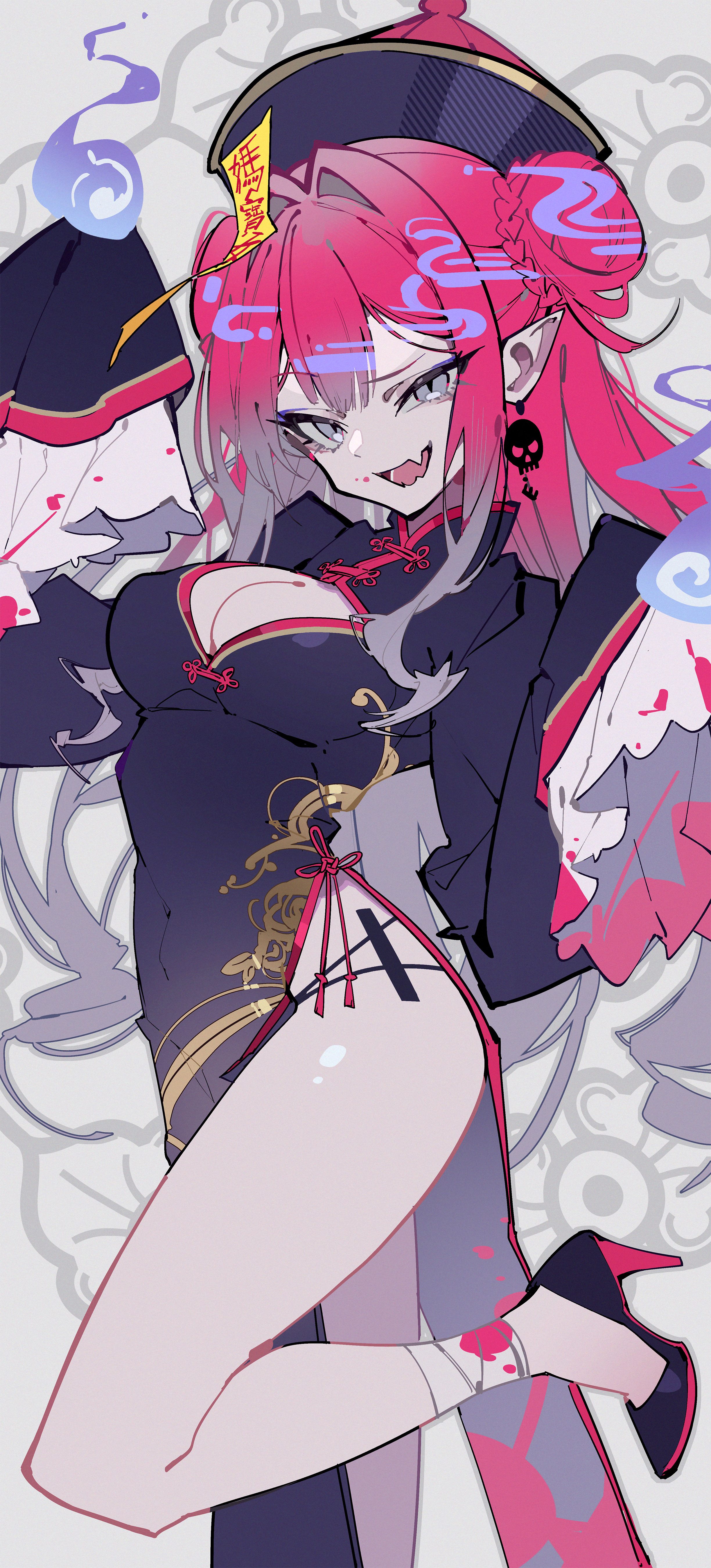 priest77, baobhan sith (fate), fate/grand order, fate (series), absurdres, highres, textless version, 1girl, breasts, china dress, chinese clothes, cleavage, dress, grey eyes, hat, jiangshi costume, large breasts, long hair, long sleeves, looking at viewer, ofuda, open mouth, pink hair, pointy ears, qingdai guanmao, smile, solo