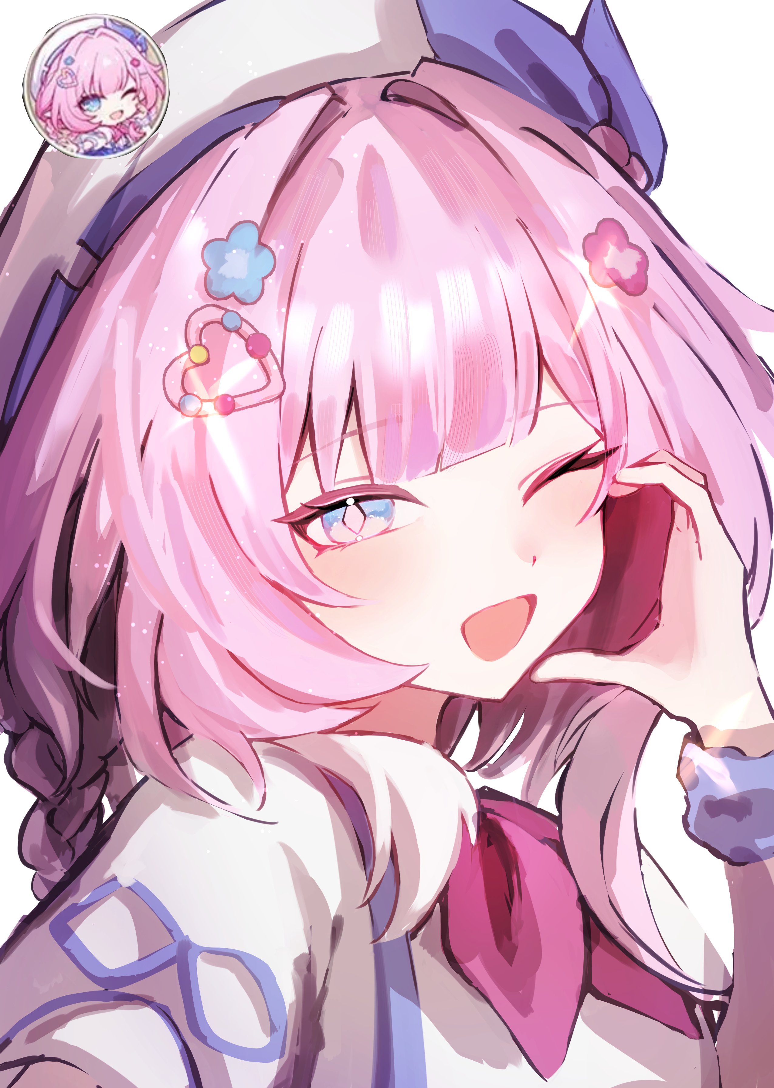 neneneneko, cyrene (aedes elysiae) (honkai: star rail), cyrene (honkai: star rail), honkai: star rail, honkai (series), absurdres, hashtag-only commentary, highres, 1girl, ;o, beret, blue eyes, dress, hair ornament, half-heart hands, hat, heart, heart hair ornament, looking at viewer, official alternate costume, one eye closed, pink hair, reference inset, short hair, simple background, solo, upper body, white background, white dress