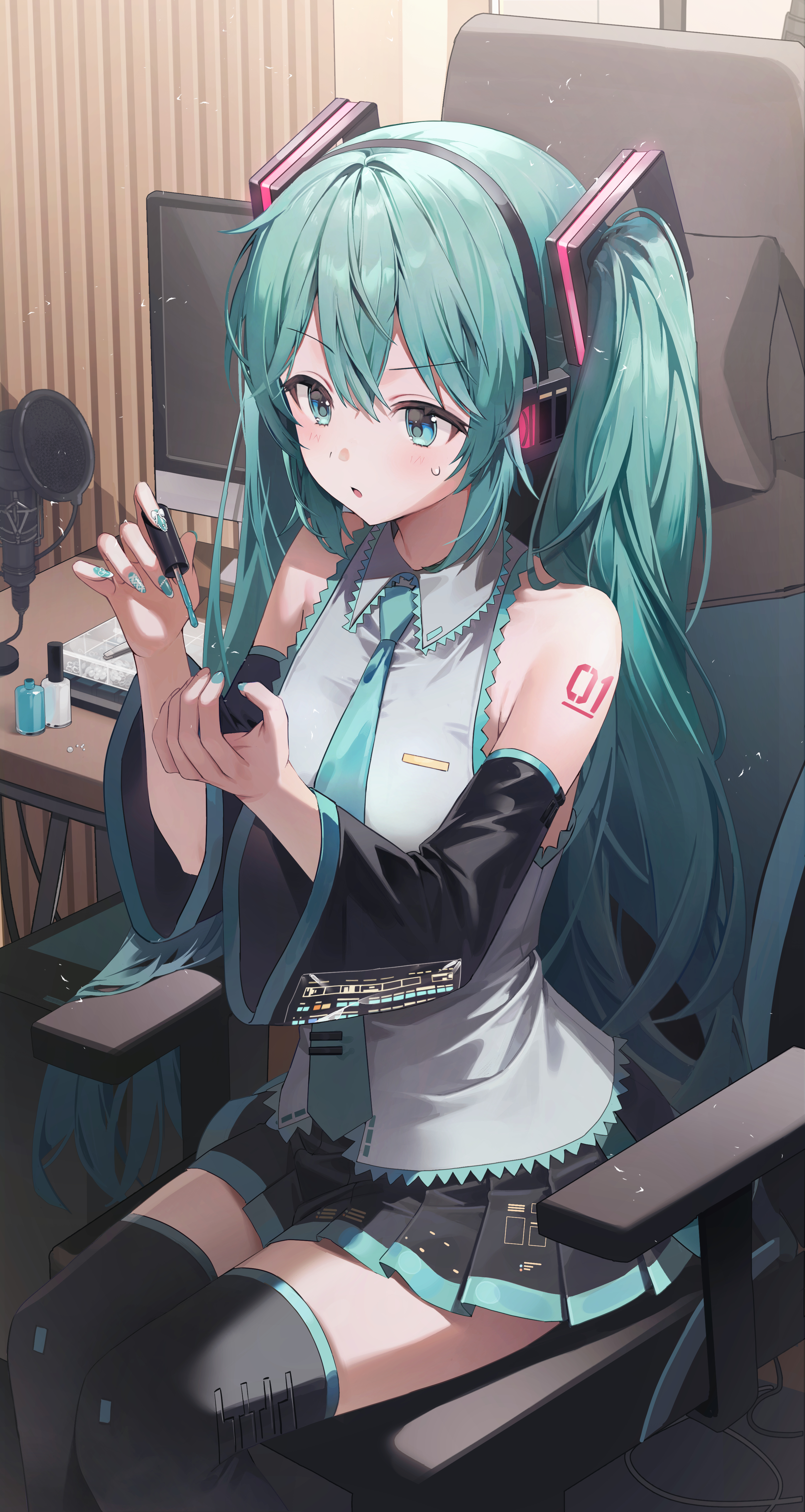 emduck, hatsune miku, vocaloid, absurdres, highres, 1girl, applying manicure, aqua eyes, aqua hair, aqua nails, aqua necktie, aqua trim, bare shoulders, black skirt, black sleeves, black thighhighs, blush, breasts, chair, collared shirt, cosmetics, crossed bangs, detached sleeves, frilled shirt, frills, gaming chair, grey shirt, hair between eyes, hair ornament, hands up, headphones, holding, indoors, long hair, long sleeves, looking at hand, microphone, miniskirt, monitor, nail polish, nail polish bottle, nail polish brush, necktie, number tattoo, on chair, piano print, pleated skirt, pop filter, shirt, shoulder tattoo, sidelocks, sitting, skirt, sleeveless, sleeveless shirt, solo, sweatdrop, swivel chair, tattoo, thighhighs, tie clip, twintails, untucked shirt, very long hair, wide sleeves, zettai ryouiki
