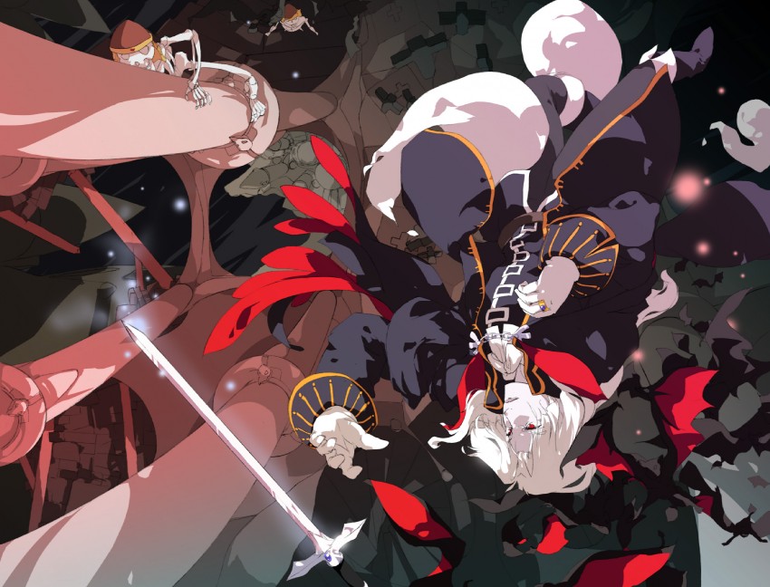 alucard (castlevania), castlevania (series), 1boy, castle, crazy, dhampir, half-human, male focus, skeleton, solo, sword, undead, vampire, weapon