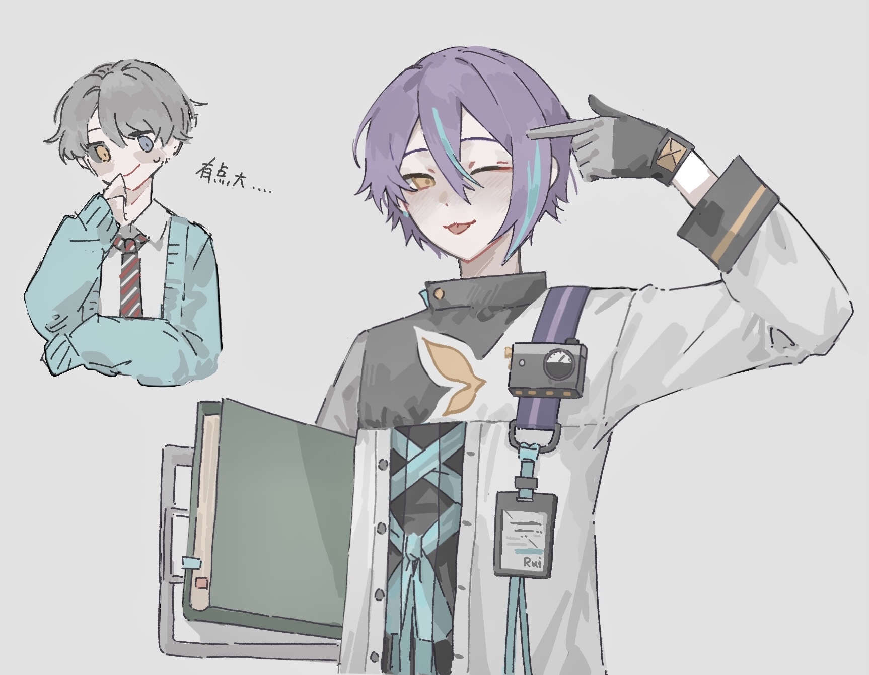 xy mt2528, kamishiro rui, x (reverse:1999), project sekai, reverse:1999, highres, 2boys, ;p, black sclera, blue cardigan, blue eyes, blue hair, book, cardigan, carrying, carrying under arm, coat, colored sclera, cosplay, costume switch, diagonal-striped clothes, diagonal-striped necktie, finger gun, gloves, grey background, grey gloves, grey hair, heterochromia, holding, holding book, id card, kamishiro rui (cosplay), kamiyama high school uniform (project sekai), looking at viewer, mismatched sclera, multicolored hair, multiple boys, necktie, one eye closed, pointing, pointing at self, purple hair, school uniform, shirt, short hair, streaked hair, striped clothes, tongue, tongue out, upper body, voice actor connection, white coat, white shirt, x (reverse:1999) (cosplay), yellow eyes