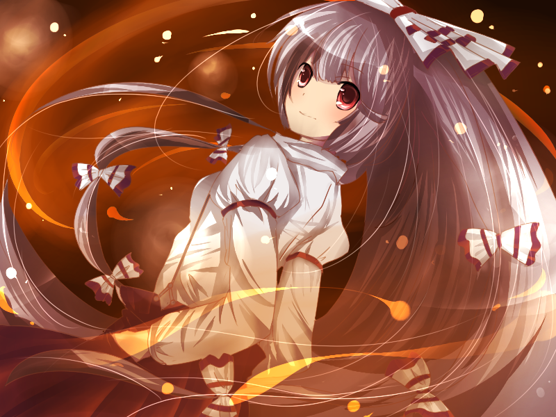 monako, fujiwara no mokou, touhou, silver hair, bad id, bad pixiv id, 1girl, blush, bow, dutch angle, female focus, hair bow, hair ribbon, hand in pocket, long hair, looking back, red eyes, ribbon, solo, standing, very long hair, wind
