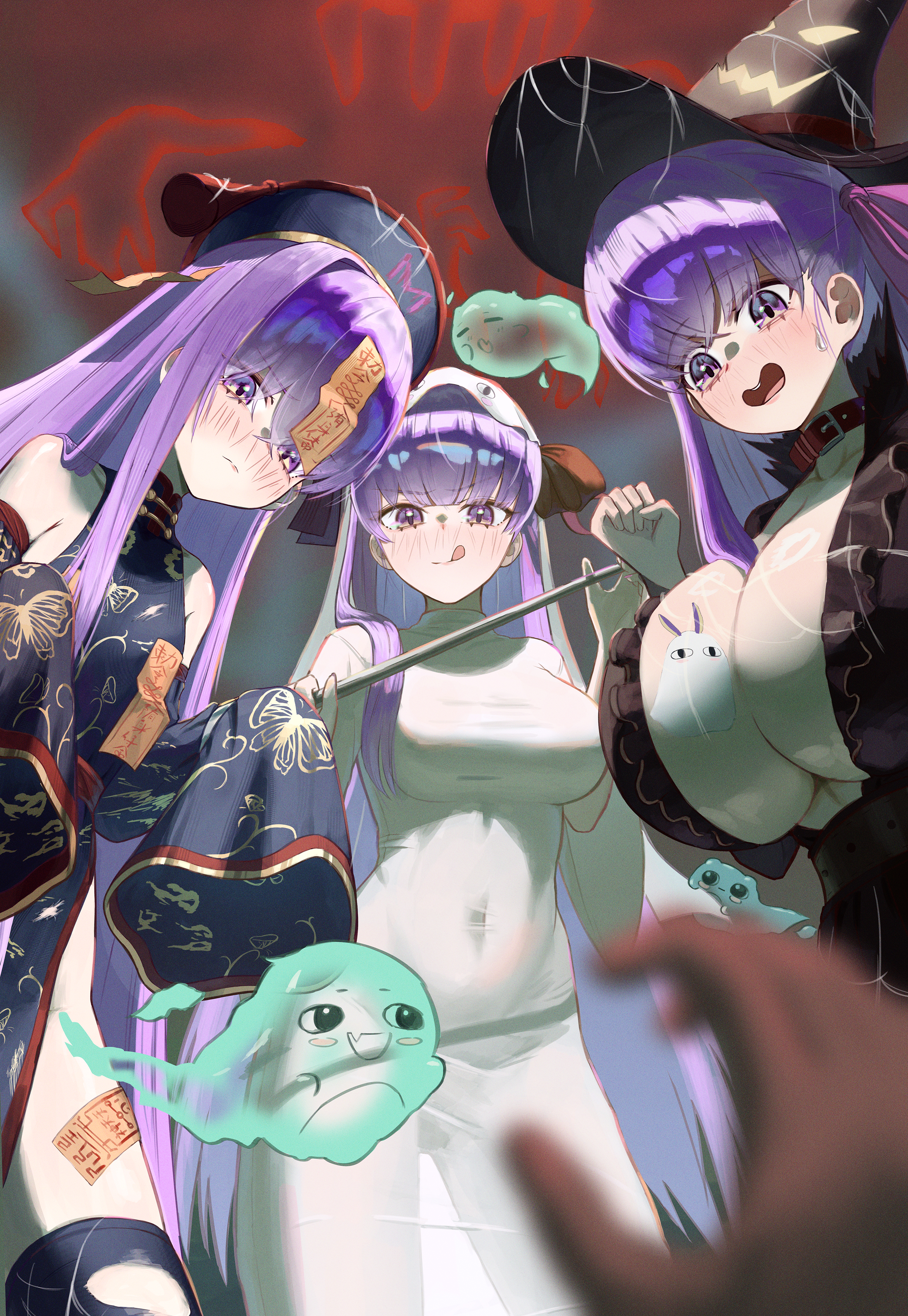 hanaet, bb (fate), meltryllis (fate), passionlip (fate), fate/grand order, fate (series), absurdres, highres, 3girls, bare shoulders, blue eyes, blush, breasts, cleavage, dress, hair ribbon, huge breasts, large breasts, long hair, long sleeves, looking at viewer, multiple girls, open mouth, pink eyes, purple eyes, purple hair, ribbon, small breasts, smile