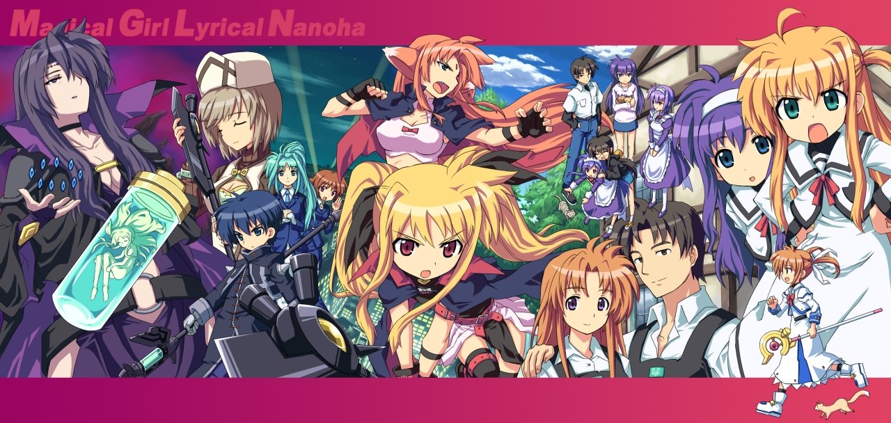 pera, alicia testarossa, amy limietta, arf, arisa bunnings, bardiche (device form) (nanoha), bardiche (nanoha), chrono harlaown, farin k. ehrlichkeit, fate testarossa, fate testarossa (original form), lindy harlaown, noel k. ehrlichkeit, presea testarossa, raising heart, raising heart (device mode), rynith, s2u, takamachi kyouya, takamachi miyuki, takamachi momoko, takamachi nanoha, takamachi nanoha (original mode), takamachi shirou, tsukimura shinobu, tsukimura suzuka, yuuno scrya, lyrical nanoha, mahou shoujo lyrical nanoha, 00s, 3boys, 6+girls, animal ears, arm belt, belt, black hair, blonde hair, blue eyes, blue hair, bow, breasts, brown eyes, brown hair, cape, casual, cat, cleavage, closed eyes, dress, everyone, facial mark, familiar, ferret, fingerless gloves, forehead jewel, forehead mark, gauntlets, gloves, green eyes, green hair, hat, long hair, magical boy, magical girl, maid, military, military uniform, multiple boys, multiple girls, open mouth, ponytail, purple eyes, purple hair, red bow, red eyes, red hair, running, school uniform, short hair, siblings, sisters, staff, takamachi family, thighhighs, twintails, wolf ears