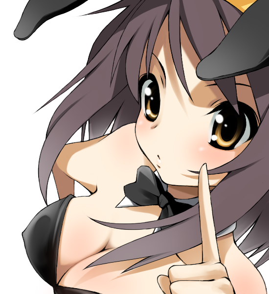 maskman, suzumiya haruhi, suzumiya haruhi no yuuutsu, 00s, 1girl, animal ears, blush, body blush, bow, bowtie, breasts, brown hair, cleavage, fake animal ears, female focus, foreshortening, playboy bunny, pointing, purple hair, rabbit ears, short hair, simple background, solo, white background, yellow eyes