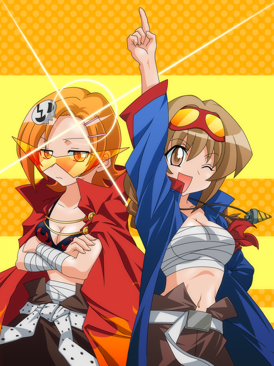 mk-u (ninja-), ninja-, momose kurumi, simon (ttgl), uehara miyako, yoko littner, pani poni dash!, tengen toppa gurren lagann, highres, 2girls, bandages, bikini, bikini top only, braid, brown eyes, brown hair, cape, cosplay, crossed arms, drill, forehead, glasses, goggles, goggles on head, kamina (cosplay), kamina shades, lens flare, long hair, multiple girls, one eye closed, open clothes, open shirt, orange eyes, orange hair, parody, pointing, shirt, short hair, simon (cosplay), swimsuit, triangular eyewear, wink, yoko littner (cosplay)