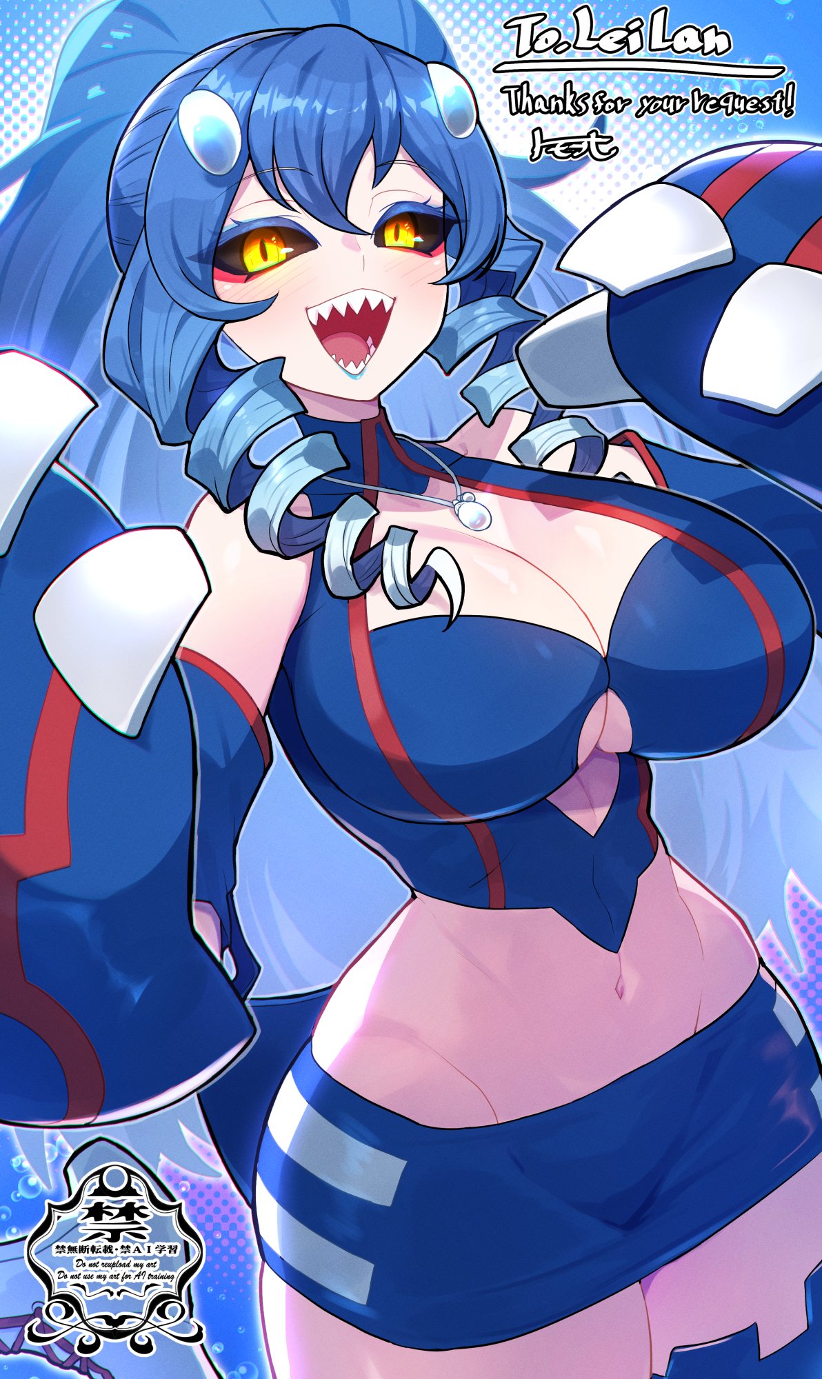 matsumoto tomoyohi, kyogre, nintendo, pokemon, pokemon rse, bilingual commentary, commentary, commission, english commentary, highres, mixed-language commentary, skeb commission, 1girl, bare shoulders, black sclera, blue background, blue gloves, blue hair, blue shirt, blue skirt, breasts, choppy bangs, cleavage, colored eyelashes, colored sclera, cowboy shot, cropped shirt, drill hair, elbow gloves, eyeliner, gen 3 pokemon, gloves, groin, hair between eyes, hair ornament, jewelry, large breasts, legendary pokemon, long hair, looking at viewer, makeup, microskirt, midriff, navel, necklace, open mouth, personification, red eyeliner, sharp teeth, shirt, skirt, sleeveless, sleeveless shirt, smile, solo, teeth, twin drills, yellow eyes