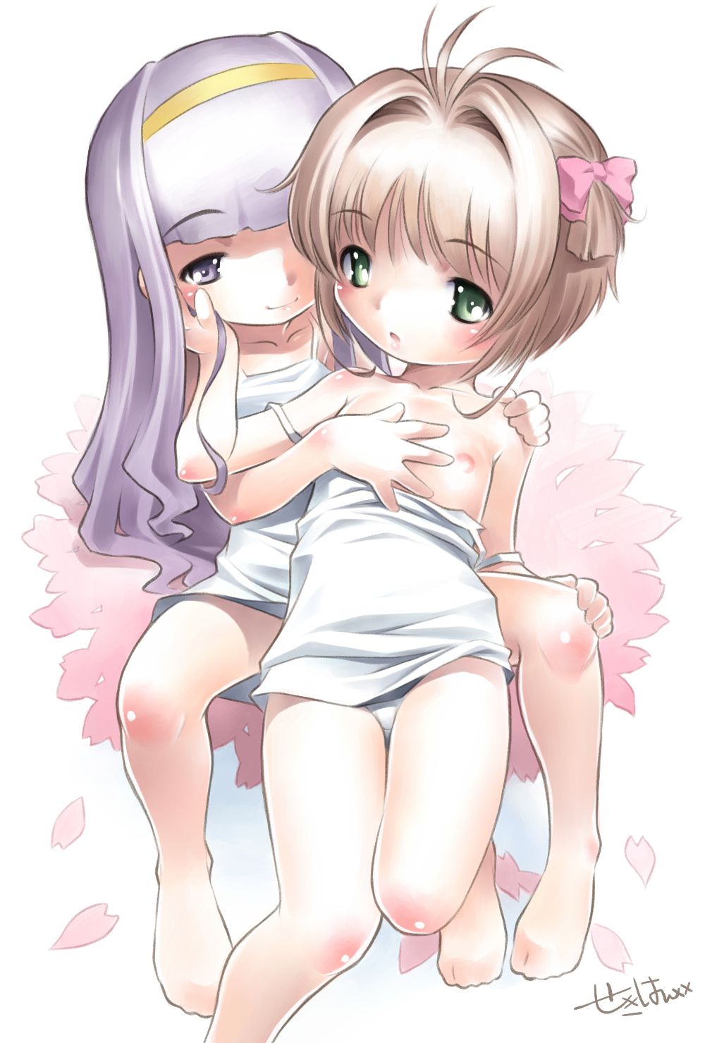 sekihan, daidouji tomoyo, kinomoto sakura, cardcaptor sakura, bad id, bad pixiv id, highres, 1990s (style), 2girls, barefoot, blush, brown hair, feet, flat chest, hairband, loli, long hair, multiple girls, naughty face, nipples, panties, pantyshot, purple hair, retro artstyle, short hair, underwear, yuri