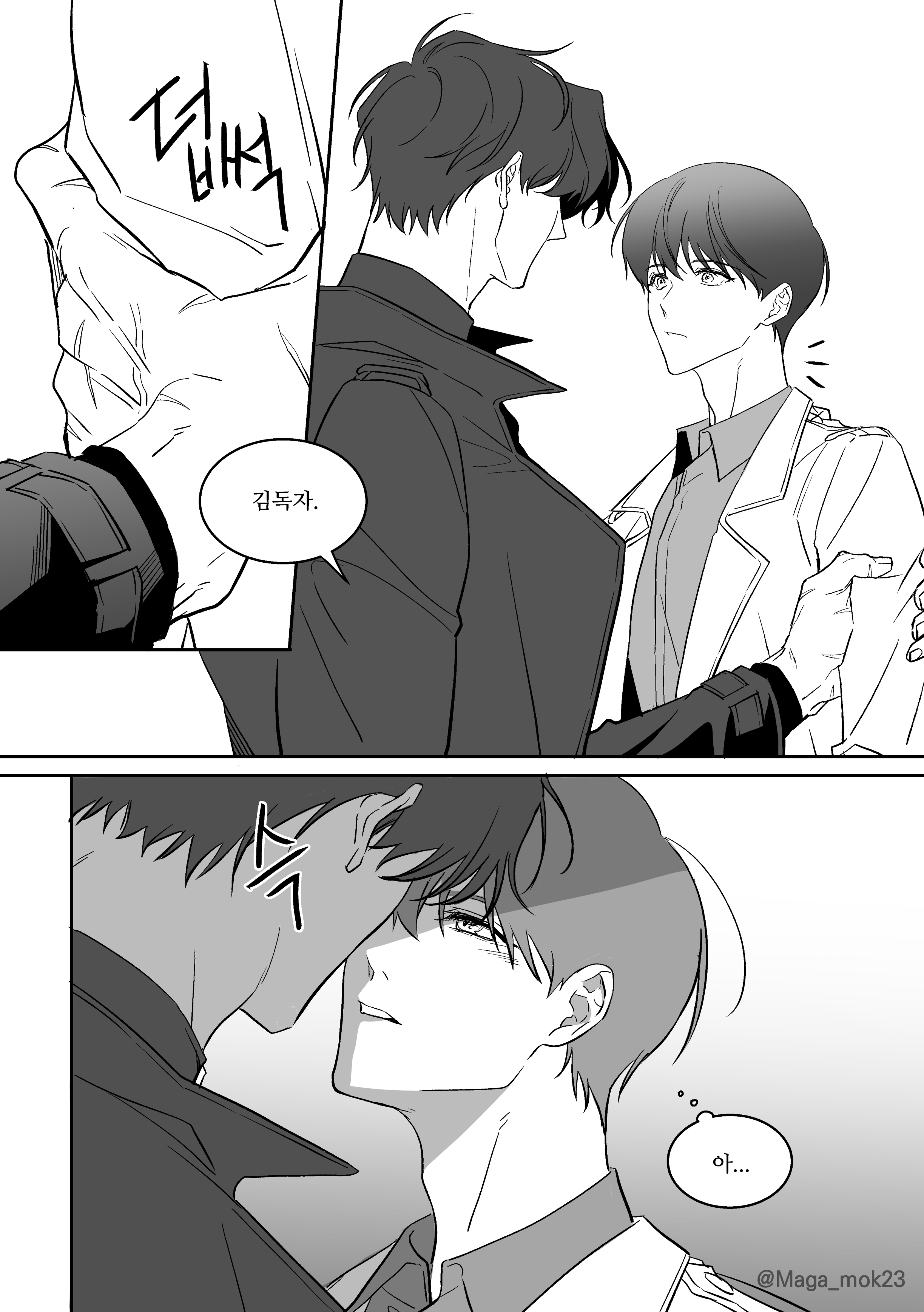 maga mok23, kim dokja, yoo joonghyuk, omniscient reader's viewpoint, absurdres, commentary, highres, symbol-only commentary, translation request, 2boys, coat, collared shirt, crew neck, grabbing another's arm, greyscale, imminent kiss, korean text, looking at another, male focus, monochrome, multiple boys, multiple scars, open clothes, open coat, popped collar, scar, scar on hand, shirt, short hair, speech bubble, thought bubble, wide-eyed, yaoi