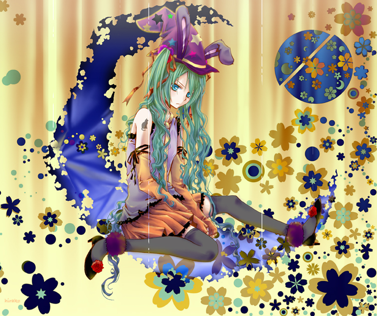 hirako, hatsune miku, vocaloid, animal ears, cat, flower, green eyes, green hair, halloween, hat, necktie, rabbit ears, ribbon, sitting, skirt, solo, tattoo, thighhighs, twintails, wavy hair, witch hat, zettai ryouiki