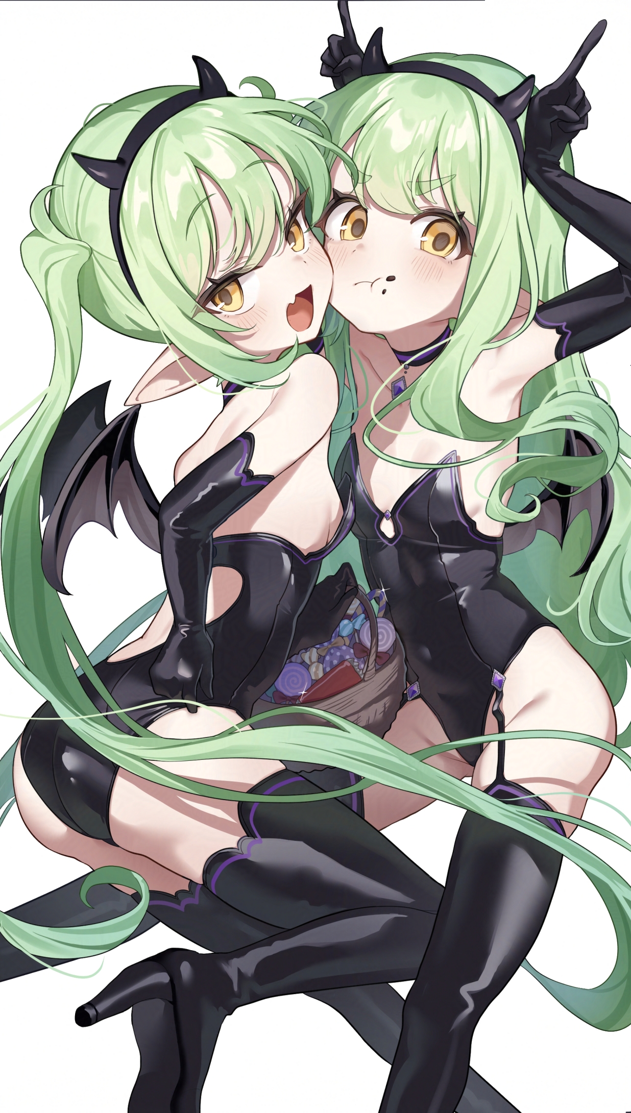 onakkasuita, hikari (blue archive), nozomi (blue archive), blue archive, highres, adjusting clothes, adjusting leotard, armpits, arms up, ass, bare shoulders, black boots, black gloves, black leotard, black thighhighs, boots, breasts, demon girl, demon wings, eating, elbow gloves, face-to-face, fake horns, fang, food, food on face, gloves, green hair, groin, hairband, halloween, high heel boots, high heels, highleg, highleg leotard, horned headwear, horns, horns pose, leg up, leotard, long hair, looking at viewer, open mouth, pointy ears, siblings, sideboob, sisters, small breasts, standing, standing on one leg, strapless, strapless leotard, thigh boots, thighhighs, thighs, twins, twintails, very long hair, wings, yellow eyes