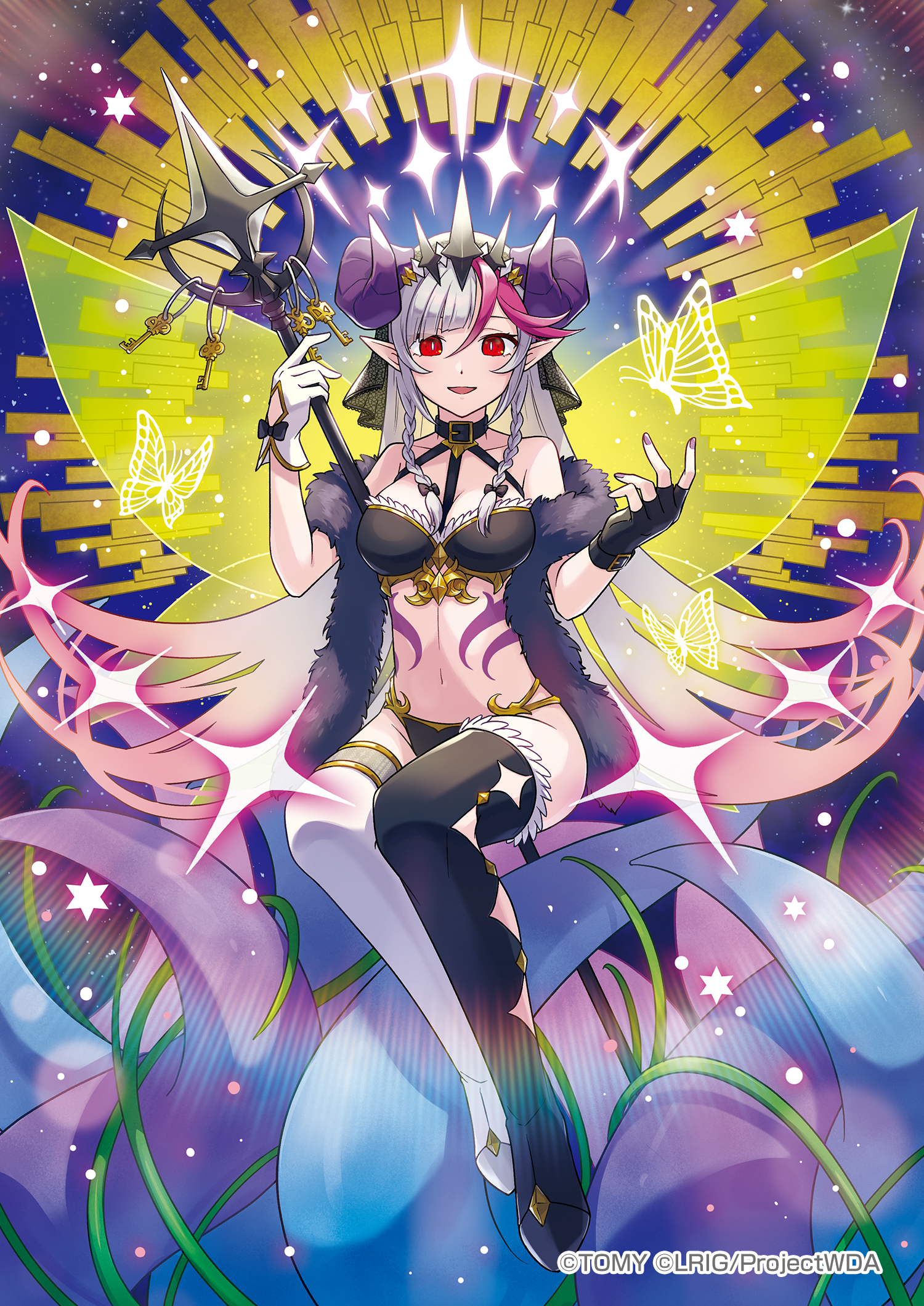 peron (niki2ki884), wixoss, point, highres, official art, 1girl, bikini, black bikini, black gloves, black thighhighs, copyright notice, fingerless gloves, gloves, gradient hair, grey hair, holding, holding polearm, holding weapon, lance, long hair, looking at viewer, multicolored hair, open mouth, polearm, red hair, smile, solo, swimsuit, thighhighs, very long hair, weapon, white background, white thighhighs, yogunigura (wixoss)