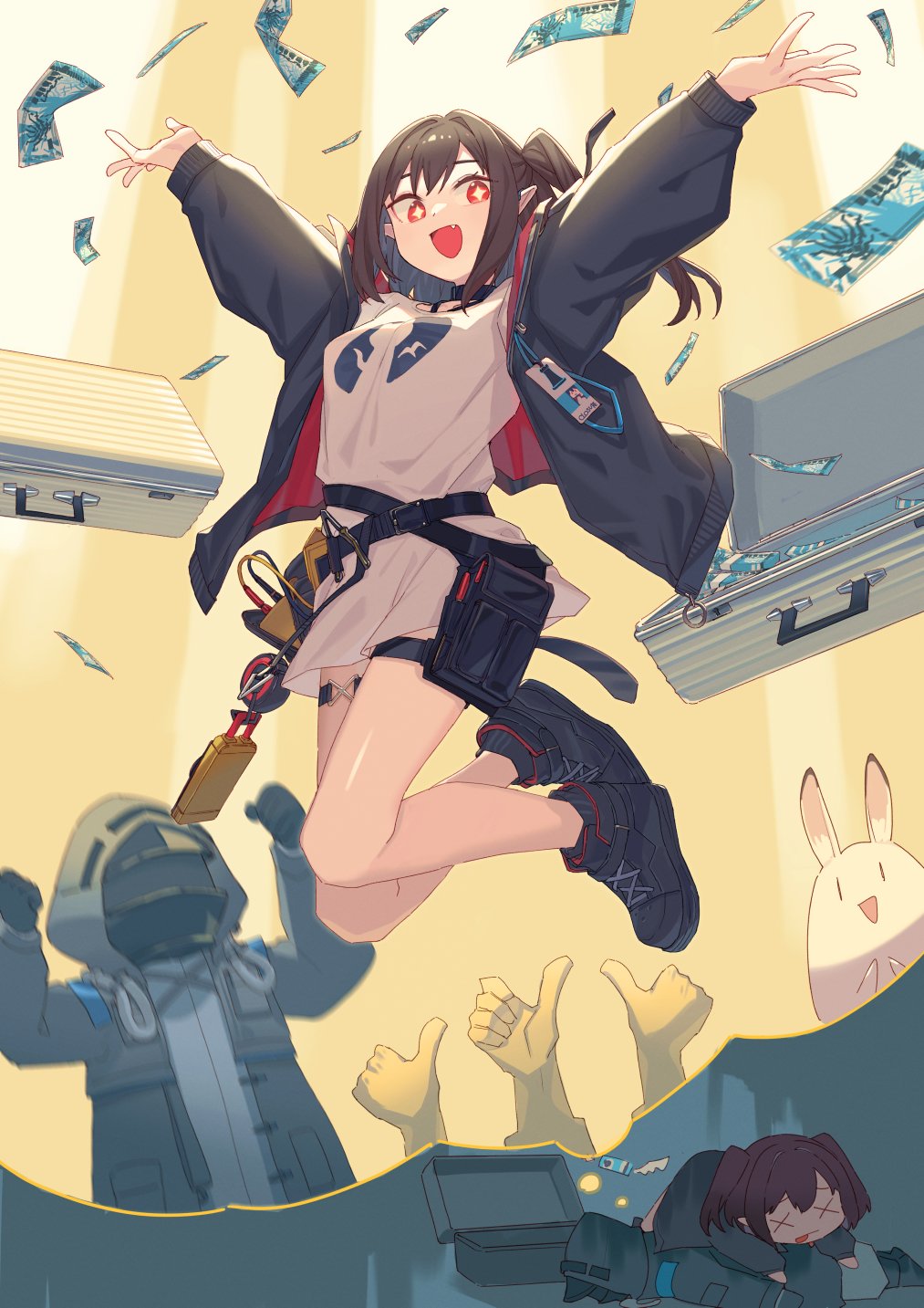 peroncho, closure (arknights), doctor (arknights), arknights, highres, 1girl, banknote, black hair, blue jacket, breasts, dreaming, jacket, jumping, looking at viewer, medium breasts, money, money bag, name tag, pointy ears, red eyes, shirt, thighs, white shirt
