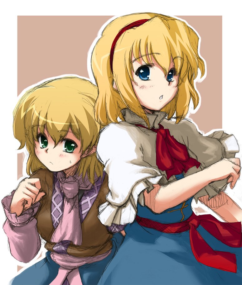 cea se, alice margatroid, mizuhashi parsee, touhou, 2girls, blonde hair, blue eyes, female focus, green eyes, multiple girls, standing