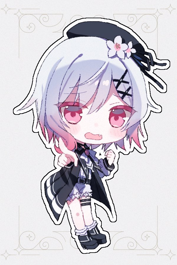 ichigoprin15, sakuraba ema, mahou shoujo no majo saiban, 1girl, beret, black hat, black shoes, chibi, chibi only, fang, flower, full body, gradient hair, hair flower, hair ornament, hat, long sleeves, looking at viewer, multicolored hair, open mouth, outline, pink eyes, pink hair, pointing, pointing at viewer, shoes, short hair, shorts, solo, standing, thigh strap, white flower, white hair, white outline, white shorts, x hair ornament