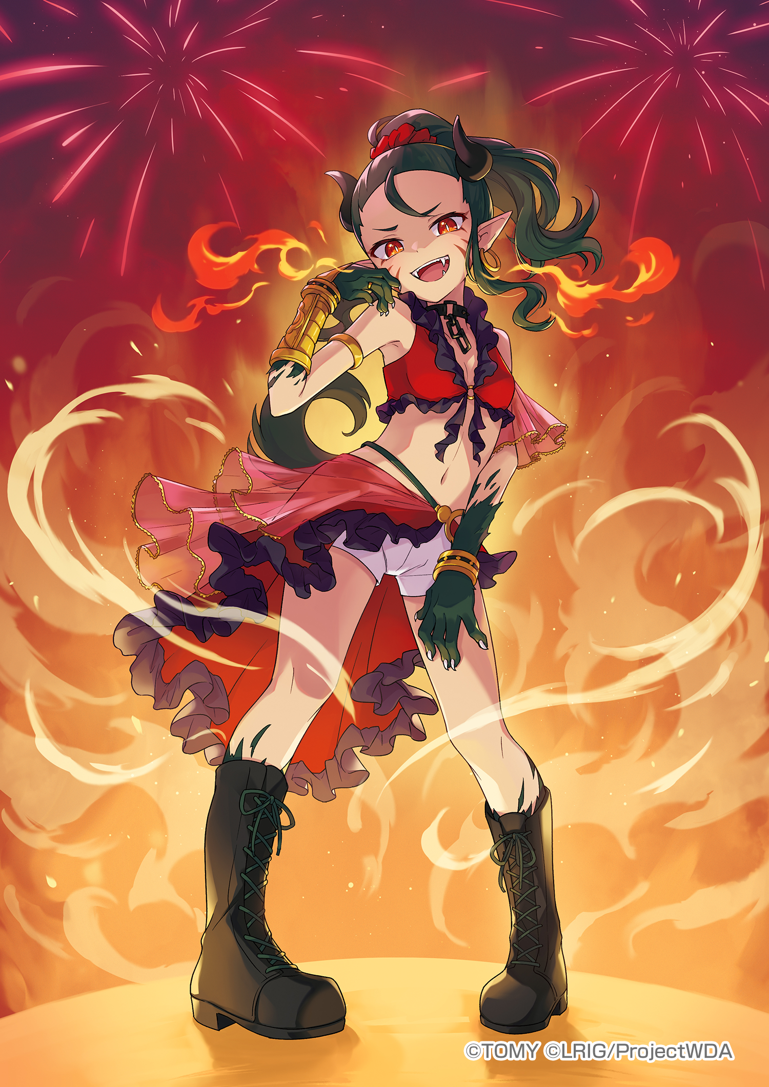 peron (niki2ki884), wixoss, highres, official art, 1girl, black boots, black gloves, black hair, boots, copyright notice, demon girl, demon horns, fangs, fire, gloves, guita (wixoss), horns, looking at viewer, medium hair, open mouth, pointy ears, ponytail, red eyes, red shirt, red skirt, shirt, shorts, skirt, smile, solo, white shorts