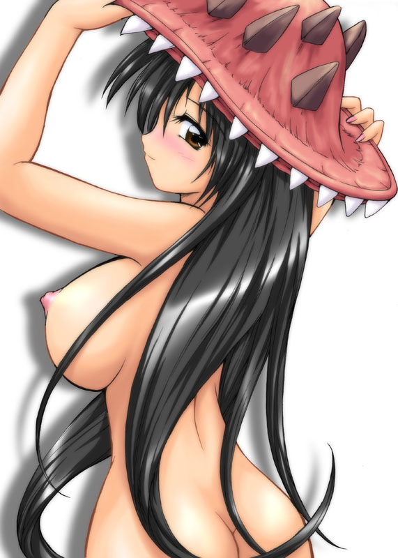 character request, black hair, blush, breasts, brown eyes, long hair, looking at viewer, nude, sideboob, smile