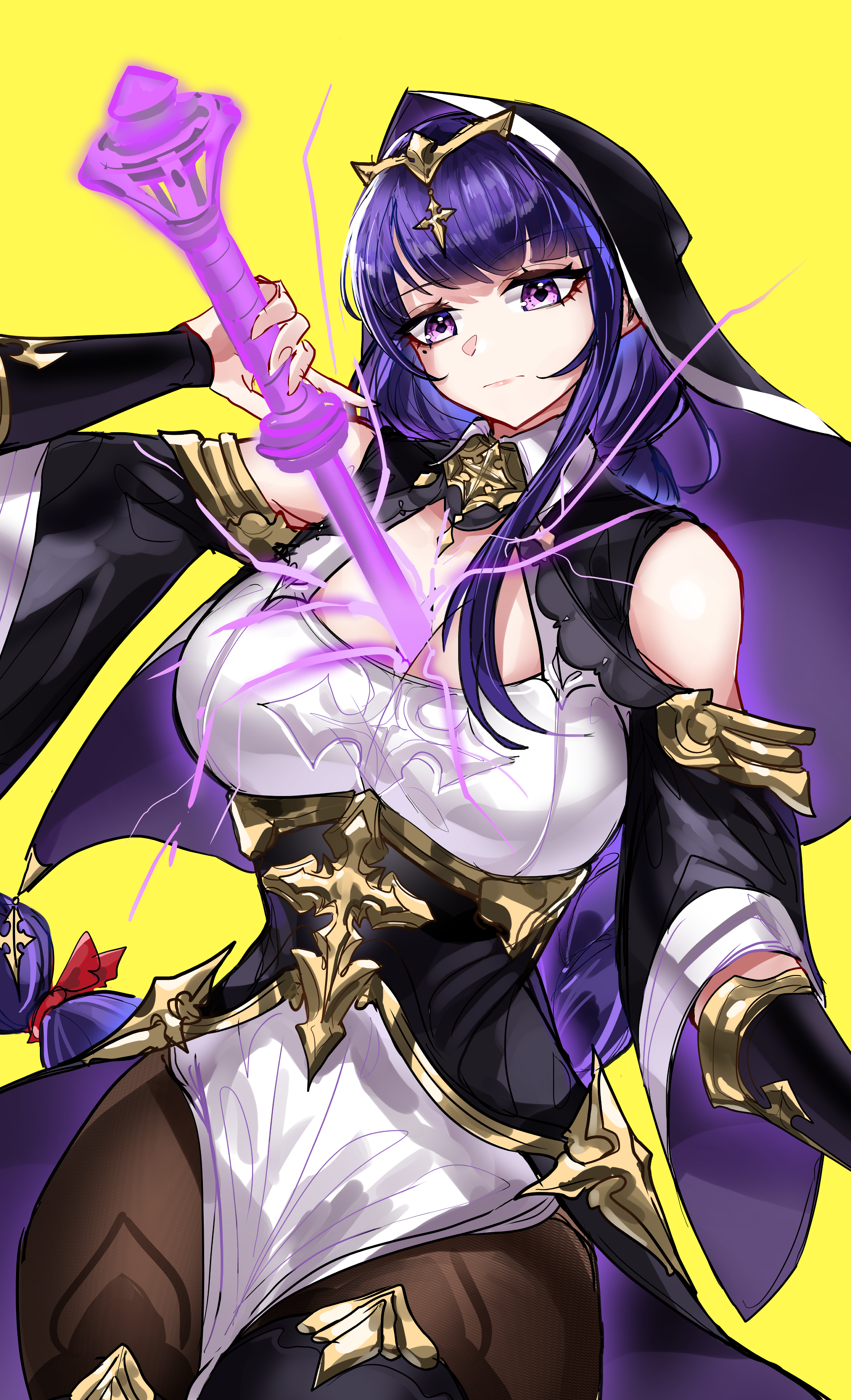 casul, raiden shogun, genshin impact, absurdres, commentary, english commentary, highres, 1girl, alternate costume, alternate universe, ass, bare shoulders, black pantyhose, blunt bangs, braid, breasts, center opening, cleavage, closed mouth, collared shirt, cross, detached collar, detached sleeves, electricity, glowing, glowing weapon, gradient hair, head tilt, headpiece, holding, holding mace, holding weapon, huge ass, human scabbard, katana, large breasts, leaning to the side, long braid, long hair, long sleeves, looking down, looking to the side, low-tied long hair, mace, mole, mole under eye, multicolored hair, musou isshin (genshin impact), nun, pantyhose, pink lips, powering up, purple eyes, purple hair, shade, shirt, simple background, single braid, solo, streaked hair, sword, sword between breasts, thick thighs, thighs, veil, weapon, wide sleeves, yellow background