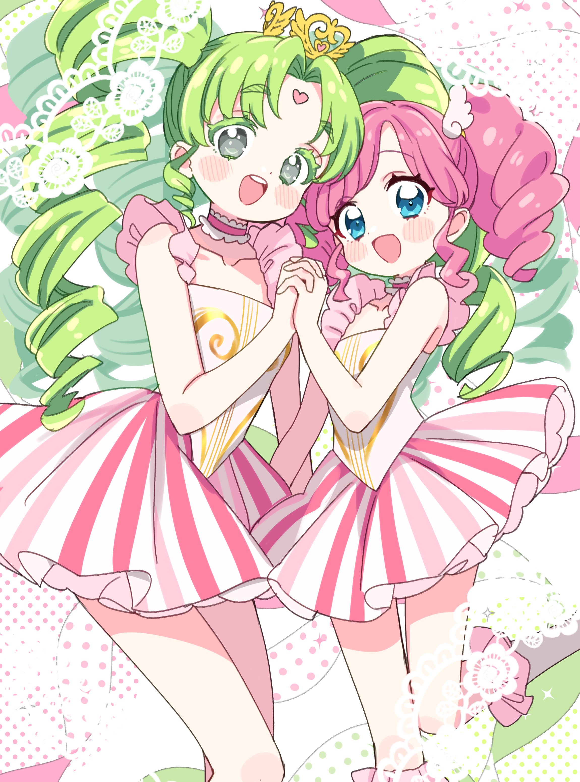 sukoyaka (100hituzi), amahane madoka, falulu, falulu (awakened), aikatsu!, aikatsu! (series), pretty series, pripara, absurdres, commentary request, highres, 2girls, :d, aikatsu! x pripara the movie -deai no kiseki!-, bare shoulders, blue eyes, choker, colored eyelashes, crossover, feet out of frame, forehead jewel, frilled choker, frills, green hair, grey eyes, holding hands, idol clothes, interlocked fingers, long hair, looking at viewer, miniskirt, multiple girls, open mouth, parted bangs, pink hair, pink skirt, shirt, skirt, smile, standing, striped clothes, striped skirt, twintails, vertical-striped clothes, vertical-striped skirt, white shirt