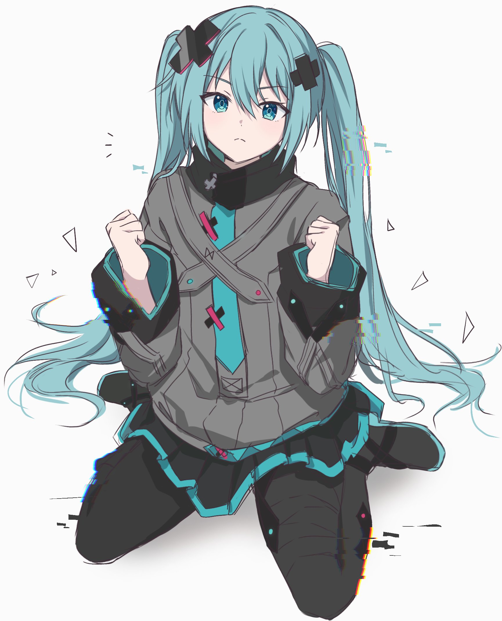 ceiling39, batsu miku, hatsune miku, kowareta sekai to utaenai miku, project sekai, vocaloid, highres, 1girl, aqua eyes, aqua hair, aqua trim, bandaid, bandaid on leg, black skirt, grey jacket, hair between eyes, hair ornament, jacket, long sleeves, looking at viewer, miniskirt, pleated skirt, simple background, sitting, skirt, solo, turtleneck, turtleneck jacket, wariza, white background, x hair ornament