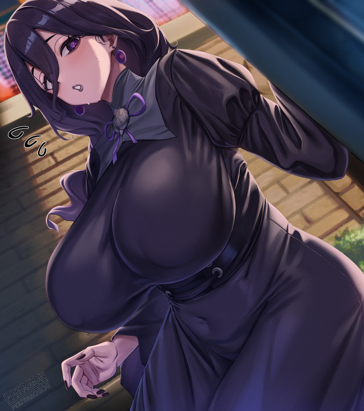 moisture (chichi), hex maniac (pokemon), hex maniac (pokemon legends: z-a), nintendo, pokemon, pokemon legends: z-a, highres, 1girl, black dress, black hair, blush, breasts, corset, covered navel, dress, hair between eyes, large breasts, long hair, long sleeves, looking at viewer, low ponytail, neck ribbon, parted lips, ponytail, purple eyes, ribbon, solo