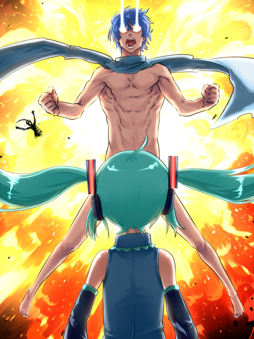 kuroino (kuroyashiro), hatsune miku, kaito (vocaloid), kamui gakupo, vocaloid, bad id, bad pixiv id, 00s, 1girl, 2boys, :o, ahoge, aqua hair, blue hair, blue scarf, censored, clenched hands, convenient censoring, convenient head, detached sleeves, explosion, eye beam, headphones, long hair, manly, multiple boys, naked scarf, nude, open mouth, scarf, twintails