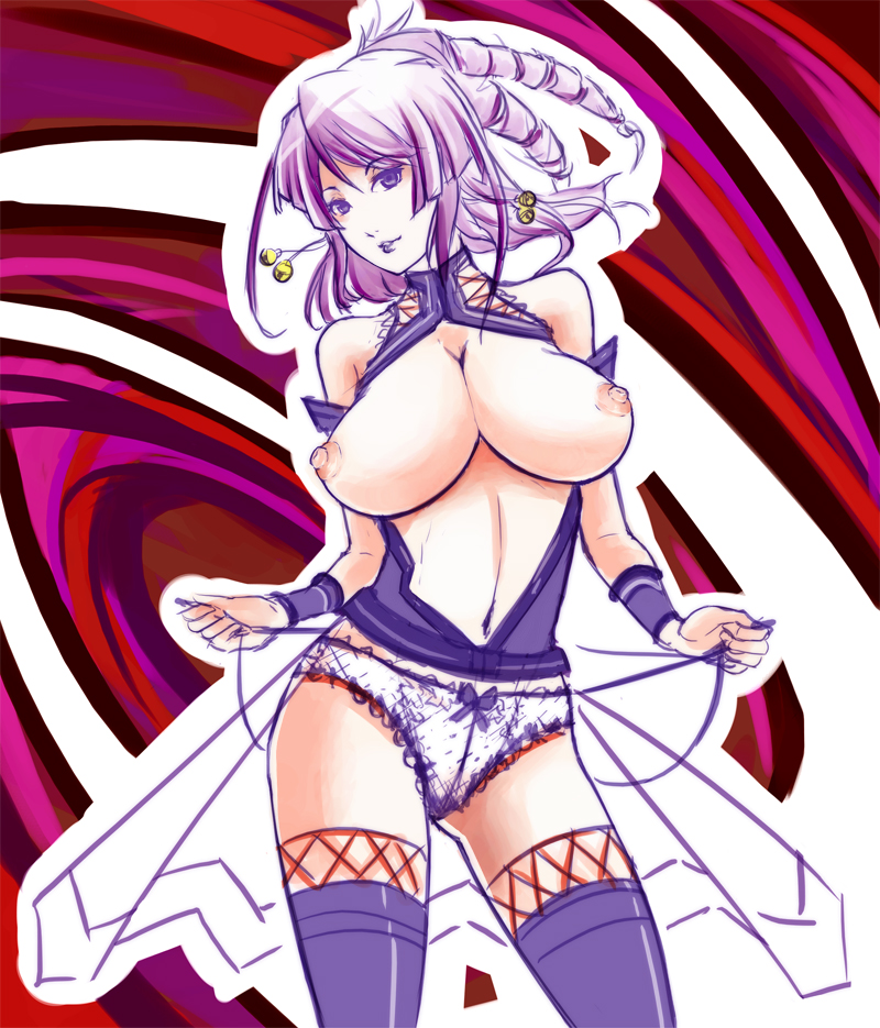 eu03, umegiri hifumi, beatmania iidx, bemani, 1girl, breasts, covered erect nipples, drill hair, female focus, huge breasts, nipples, panties, purple eyes, purple hair, solo, thighhighs, underwear