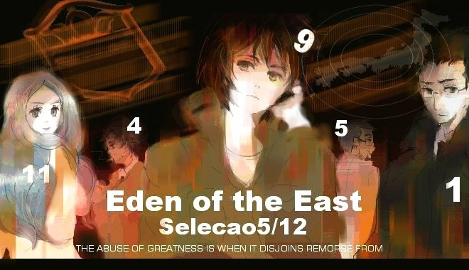 kamiyunoku (pixiv), hajime hiura, kondou yuusei, kuroha diana shiratori, mononobe daiju, takizawa akira, higashi no eden, looking away, bad id, bad pixiv id, 00s, 1girl, 4boys, black hair, brown hair, english text, glasses, head tilt, indoors, long hair, looking at viewer, moss, multiple boys, text focus