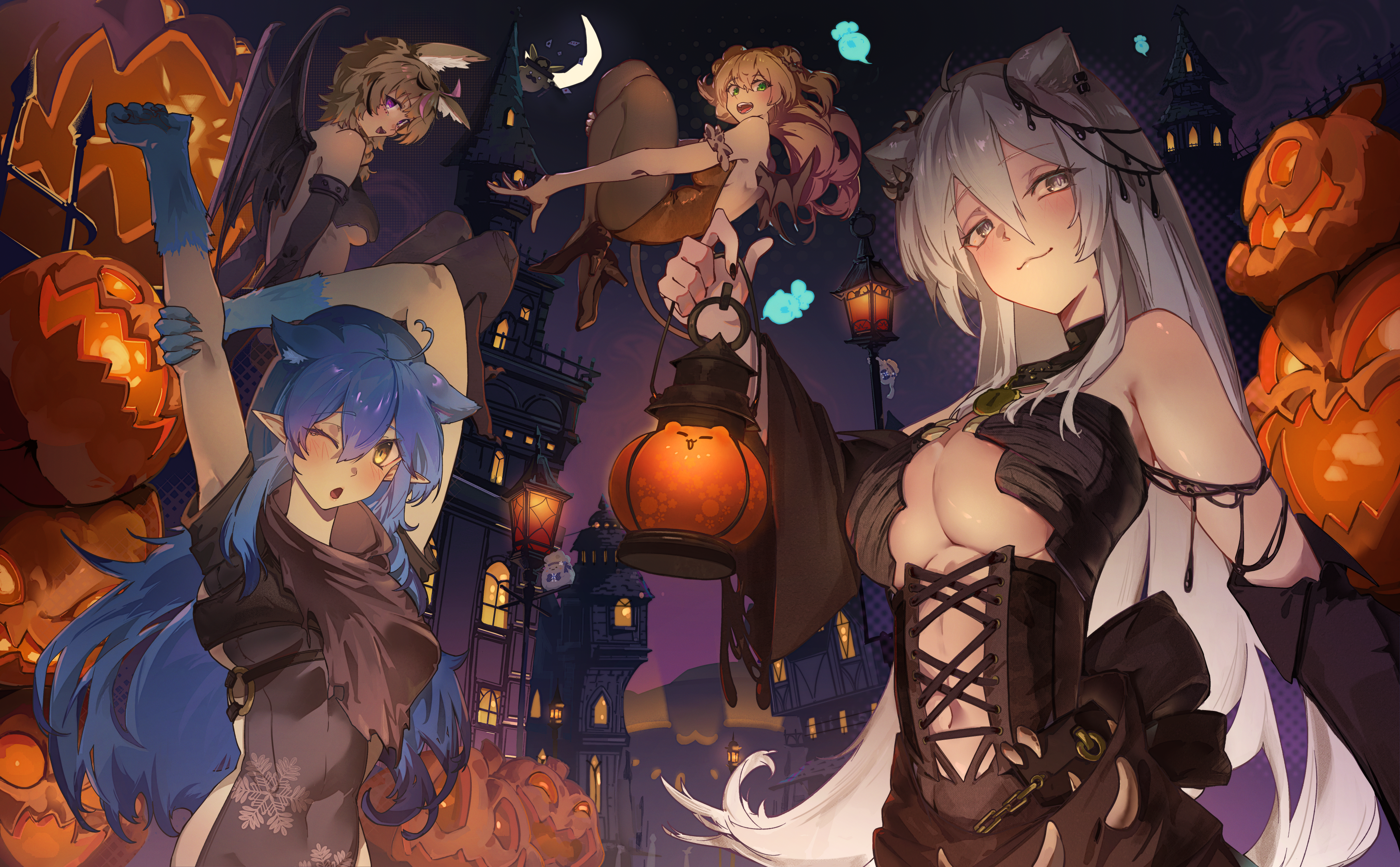 wool1997, momosuzu nene, omaru polka, shishiro botan, yukihana lamy, hololive, absurdres, highres, 4girls, animal ears, arm up, armpits, black bra, black dress, black hair, black shoes, blonde hair, blue hair, bra, breasts, cat ears, cleavage, closed mouth, demon wings, dress, fishnet pantyhose, fishnets, fox ears, fox girl, gradient hair, green eyes, grey hair, high heels, large breasts, leotard, lion ears, lion girl, long hair, looking at viewer, multicolored hair, multiple girls, nepolabo, one eye closed, open mouth, orange leotard, pantyhose, pink hair, purple eyes, shoes, smile, strapless, strapless leotard, streaked hair, underwear, very long hair, virtual youtuber, wings, yellow eyes