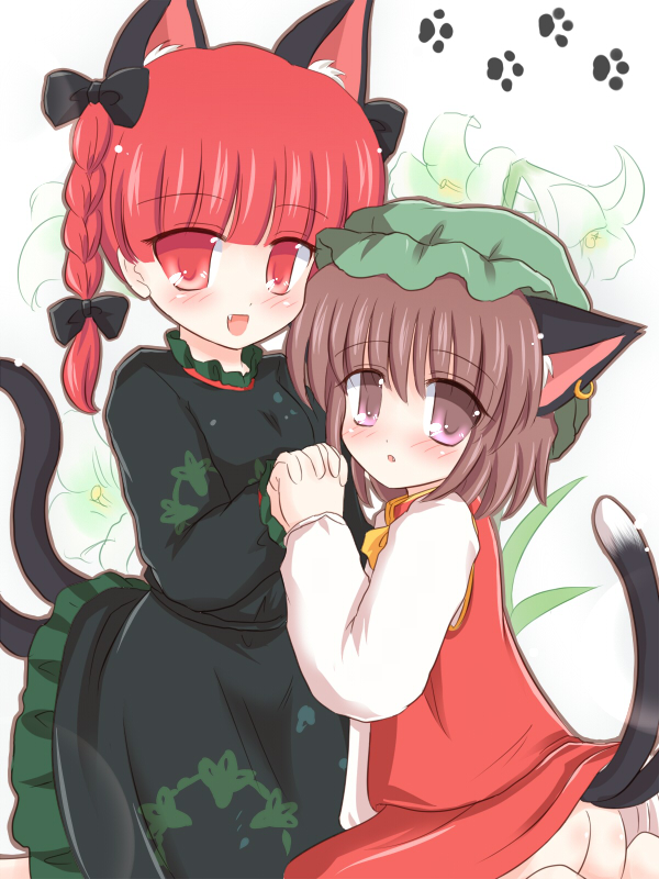 ry (yagoyago), chen, kaenbyou rin, touhou, 2girls, animal ears, blush, bottomless, braid, brown hair, cat ears, cat girl, cat tail, earrings, fang, female focus, hat, holding hands, jewelry, multiple girls, multiple tails, no panties, red eyes, red hair, short hair, tail, twin braids