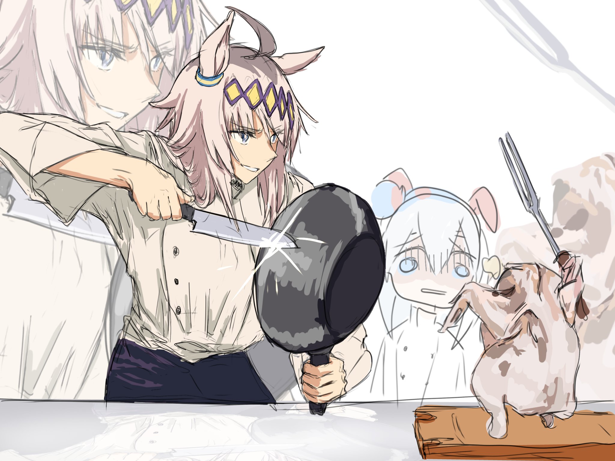 oguri cap (umamusume), tamamo cross (umamusume), umamusume, commentary, english commentary, highres, 2girls, ahoge, black pants, blue eyes, chicken (food), cutting board, decapitation, desuuuu, food, grey hair, grin, hairband, holding, holding knife, holding pan, horse girl, jacket, knife, looking at food, multiple girls, nervous tama-chan pose, pants, smile, sparkle, white jacket