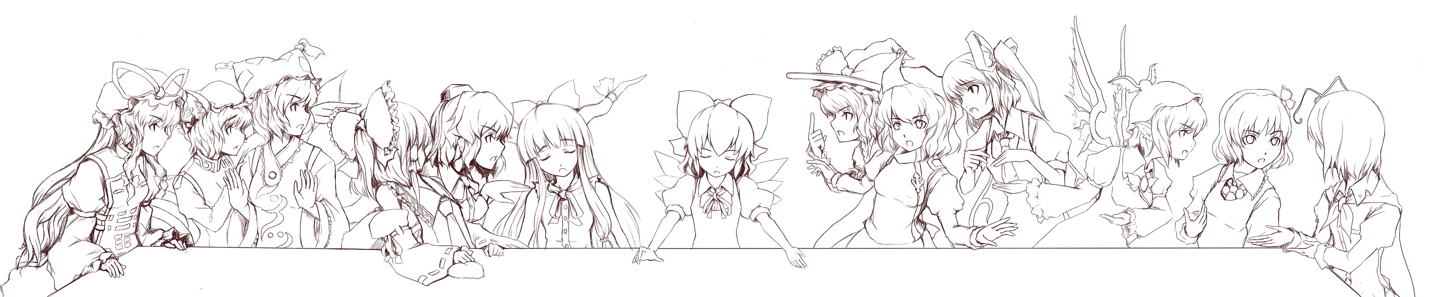shishigami (sunagimo), chen, cirno, daiyousei, hakurei reimu, ibuki suika, kirisame marisa, letty whiterock, mystia lorelei, rumia, shameimaru aya, wriggle nightbug, yakumo ran, yakumo yukari, the last supper, touhou, hand on shoulder, annotated, highres, long image, wide image, 6+girls, animal ears, animal hat, antennae, bow, braid, brown theme, cape, cat ears, cat tail, chinese clothes, detached sleeves, dress, fine art parody, fox tail, greyscale, hair bow, hair ornament, hair ribbon, hat, horns, japanese clothes, long hair, long sleeves, long table, miko, mob cap, monochrome, multiple girls, multiple tails, nekomata, open mouth, parody, pointing, puffy short sleeves, puffy sleeves, ribbon, short hair, short sleeves, surprised, table, tail, tassel, tokin hat, white background, wide sleeves, wings, witch, witch hat