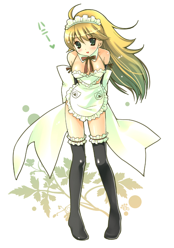 mame-p, hoshii miki, idolmaster, idolmaster (classic), bad id, bad pixiv id, 00s, 1girl, blonde hair, blush, breasts, cleavage, female focus, full body, garter belt, long hair, maid headdress, ribbon, solo, thighhighs